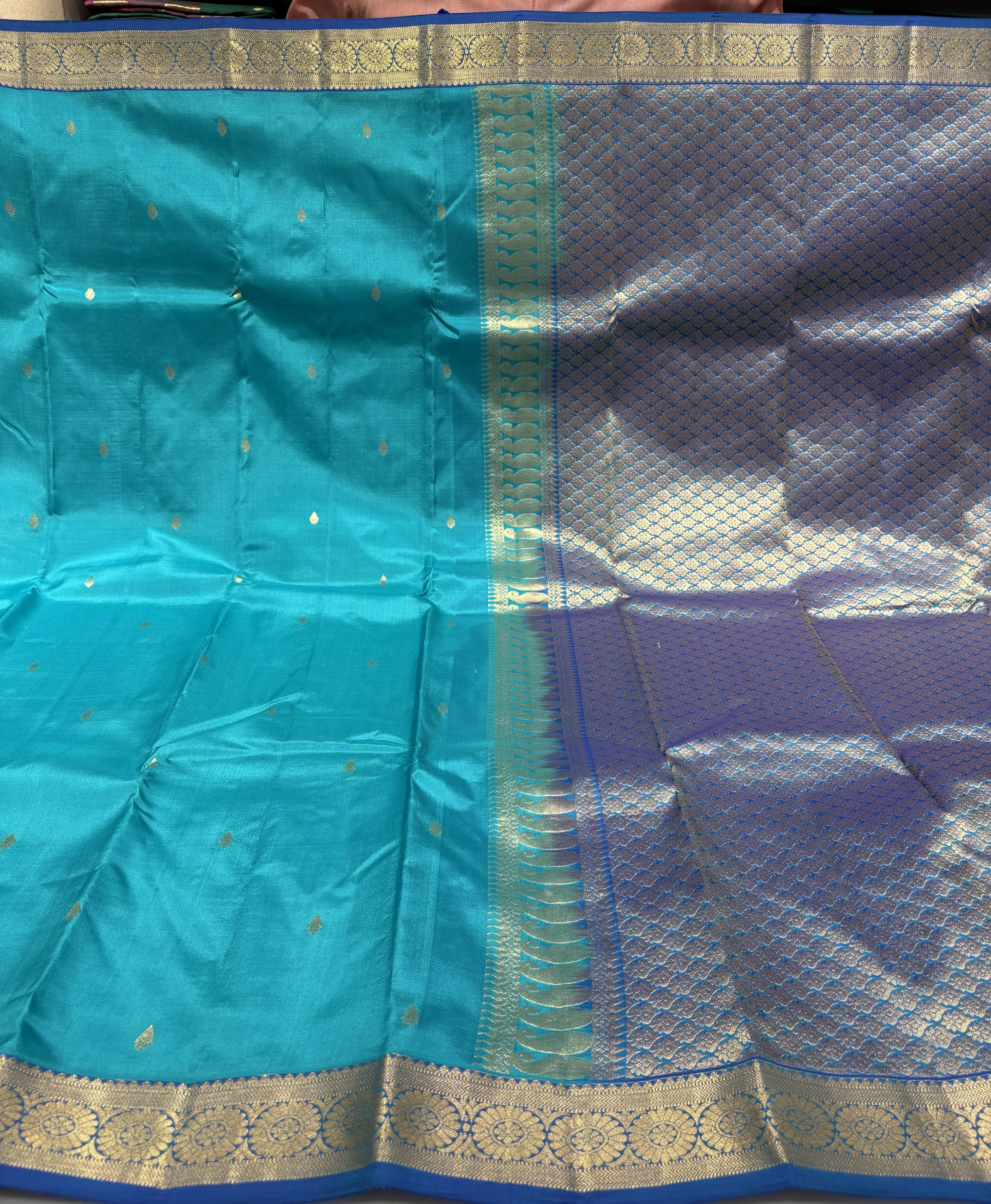 Premium Aqua Blue Pure Kanchipuram Silk Saree With Royal Blue Contrast