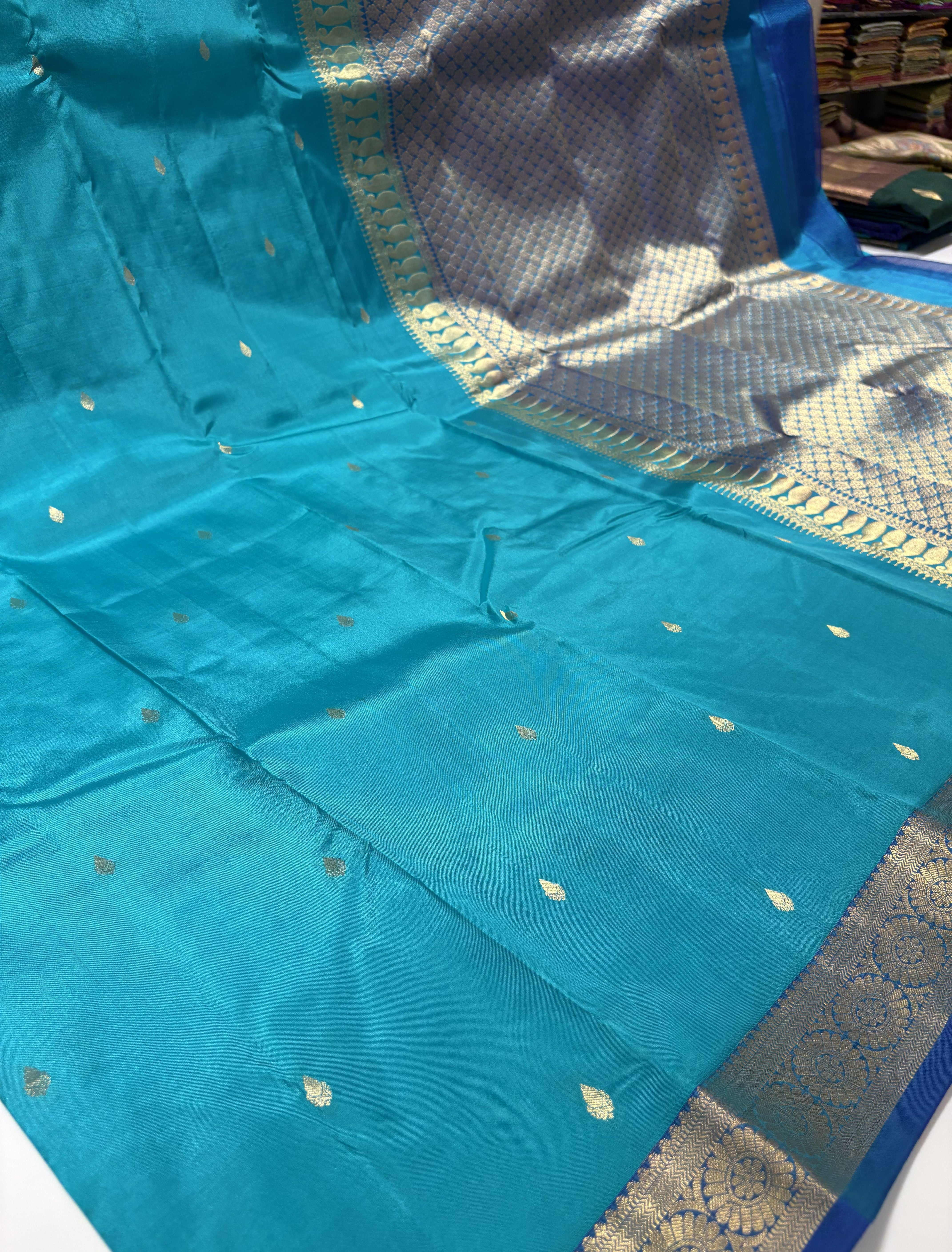 Premium Aqua Blue Pure Kanchipuram Silk Saree With Royal Blue Contrast