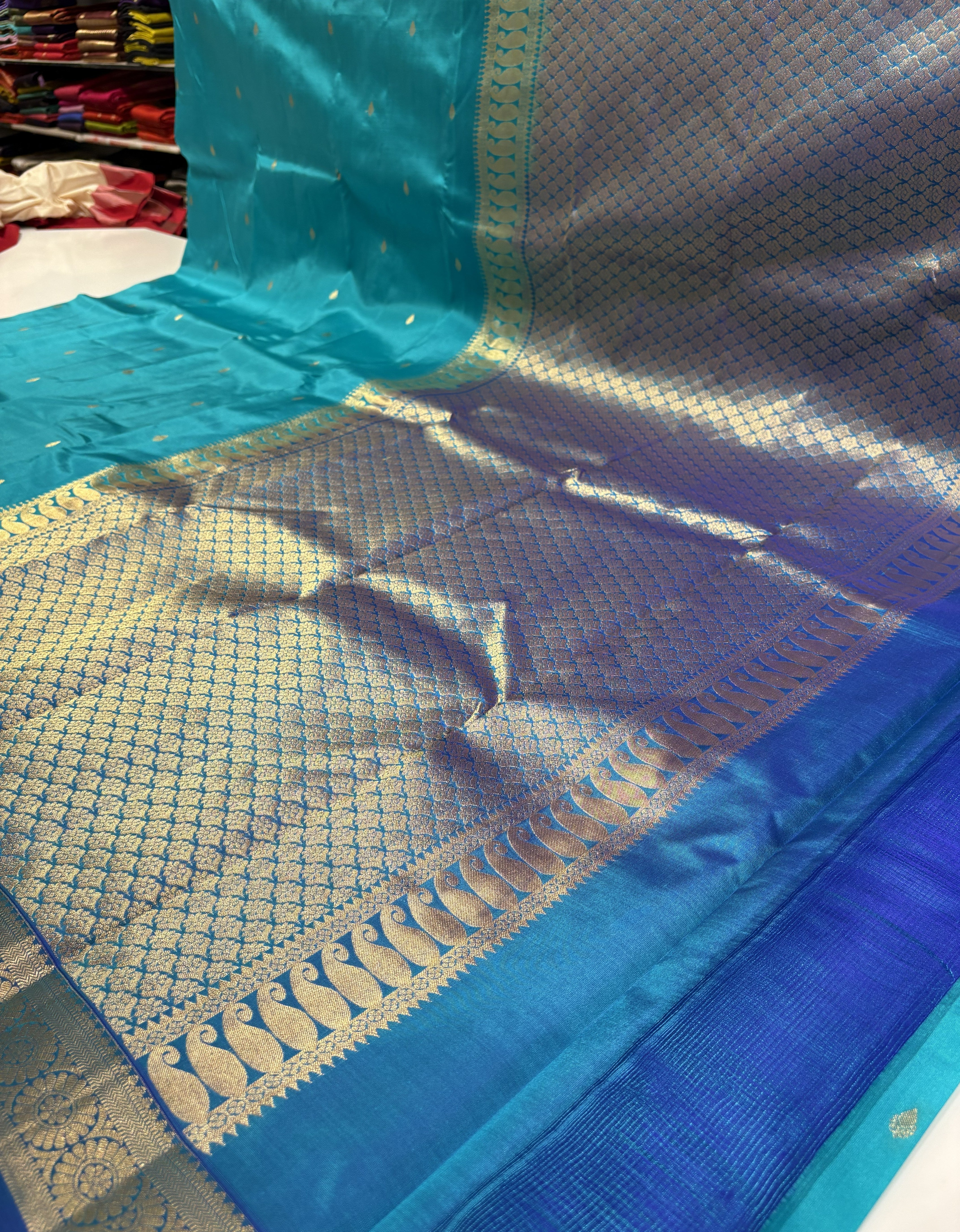 Premium Aqua Blue Pure Kanchipuram Silk Saree With Royal Blue Contrast