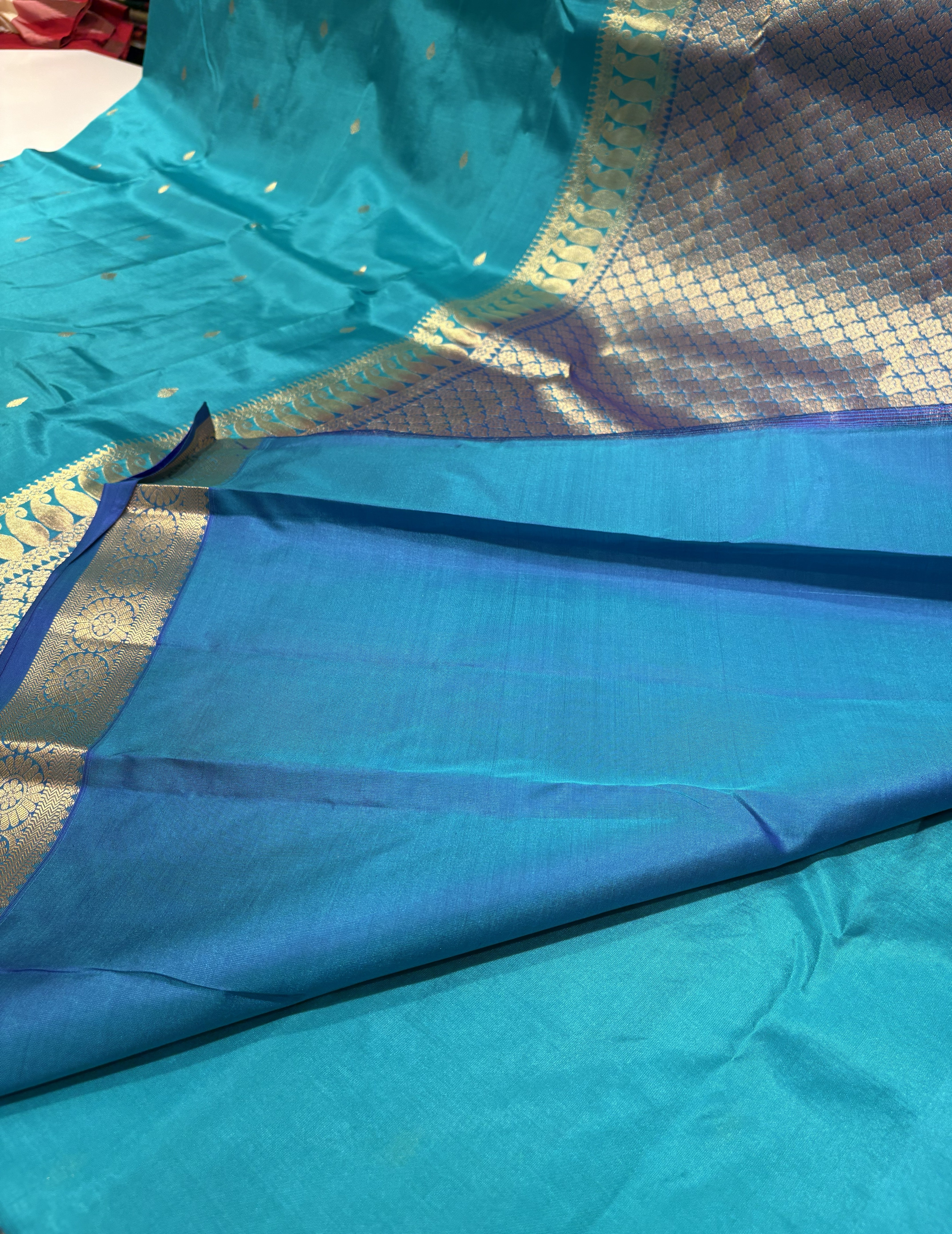 Premium Aqua Blue Pure Kanchipuram Silk Saree With Royal Blue Contrast
