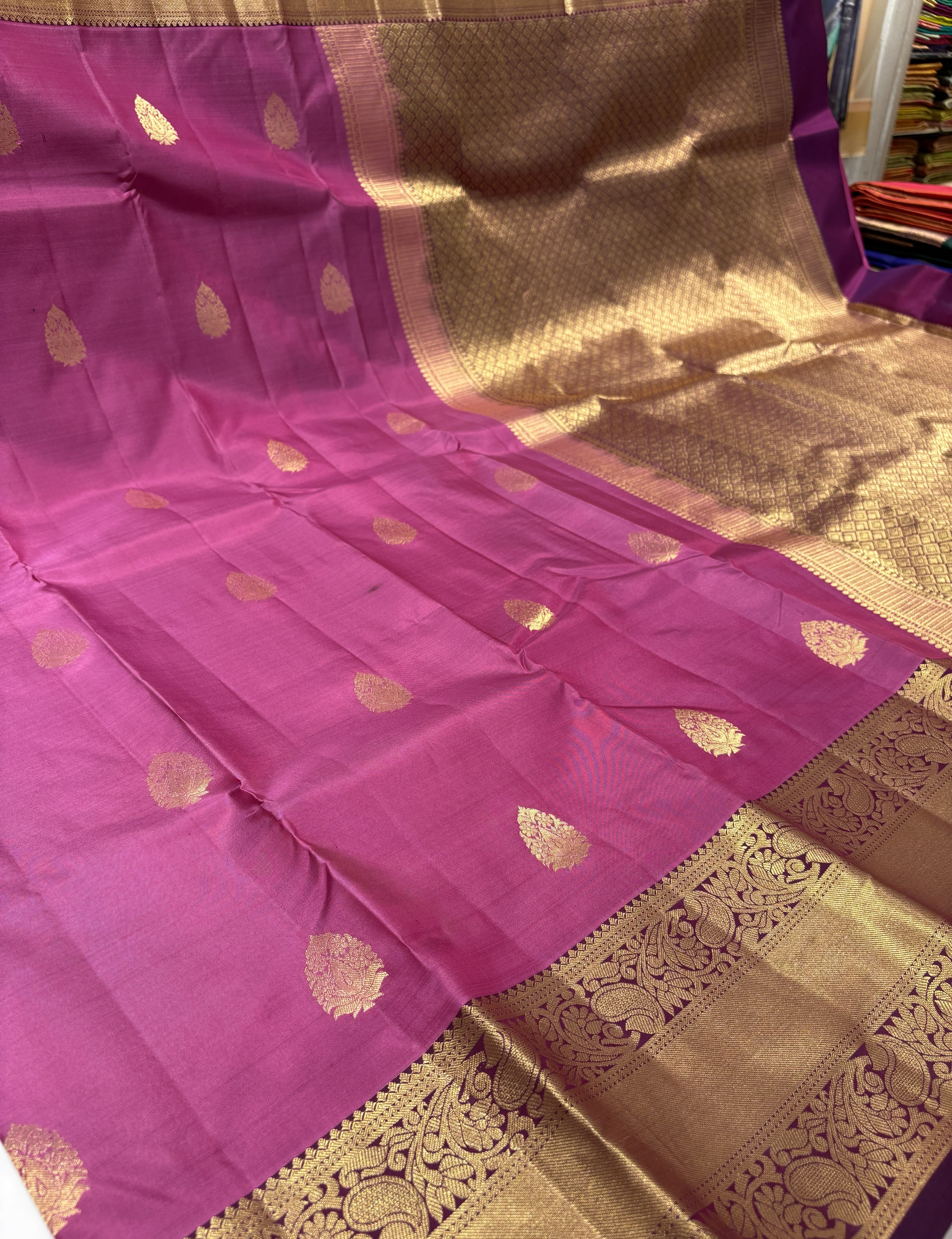 Beautiful Magenta Pink Pure Kanchipuram Silk Saree with Purple Contrast