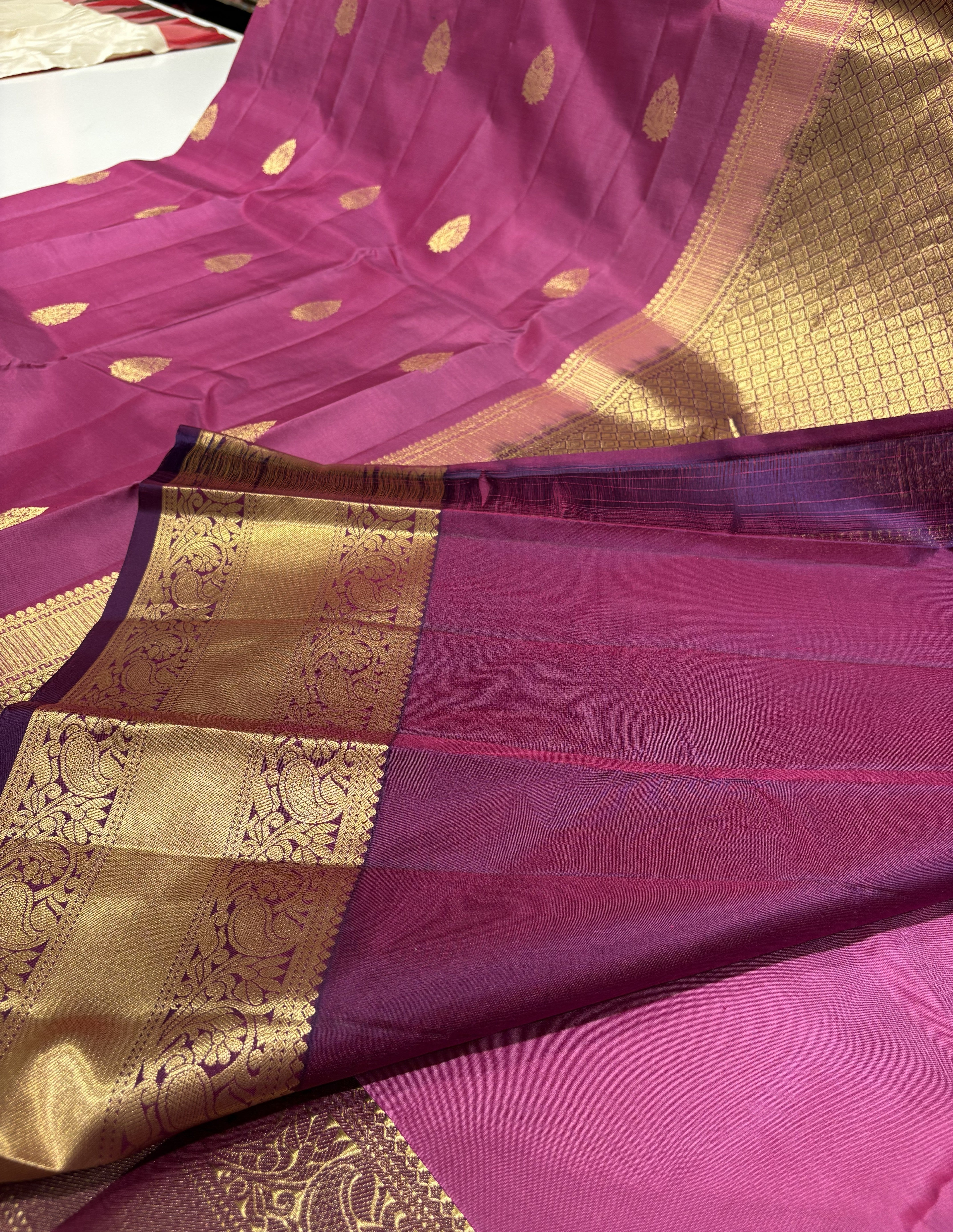 Beautiful Magenta Pink Pure Kanchipuram Silk Saree with Purple Contrast
