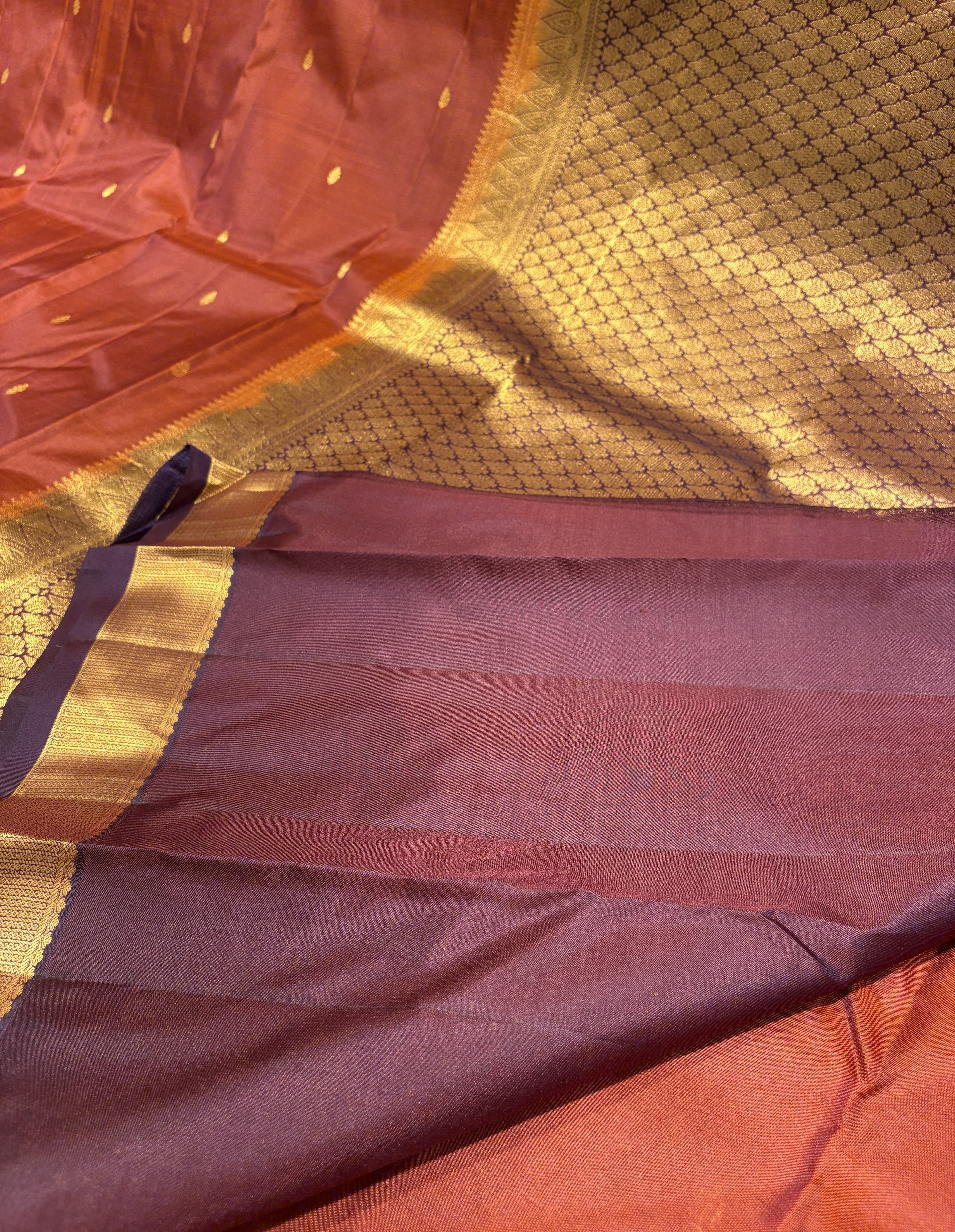 Trending Rust Orange Pure Kanchipuram Silk Saree With Chocolate Brown Contrast