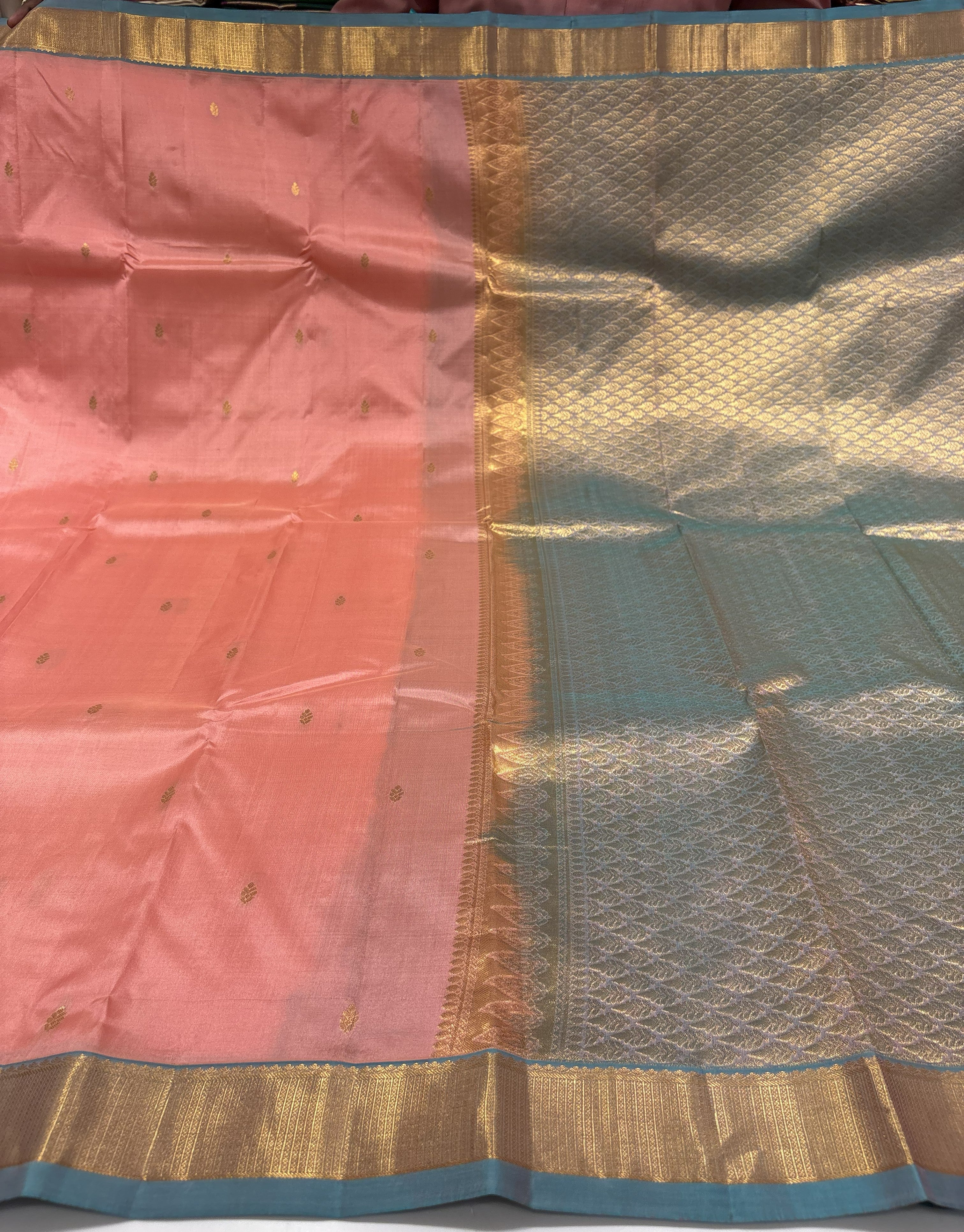 Beautiful  Baby Pink Pure Kanchipuram Silk Saree With Sky Blue Contrast