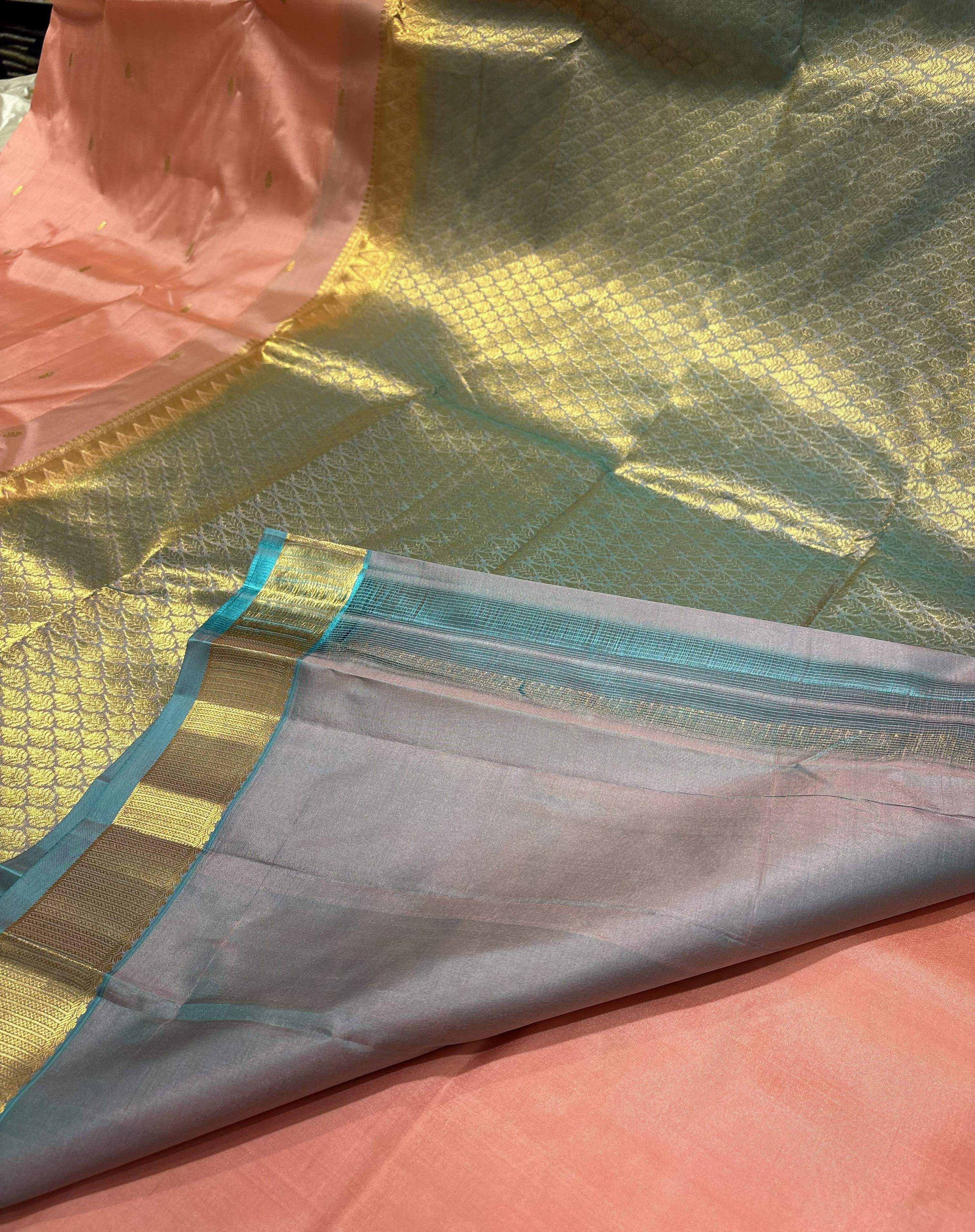 Beautiful  Baby Pink Pure Kanchipuram Silk Saree With Sky Blue Contrast