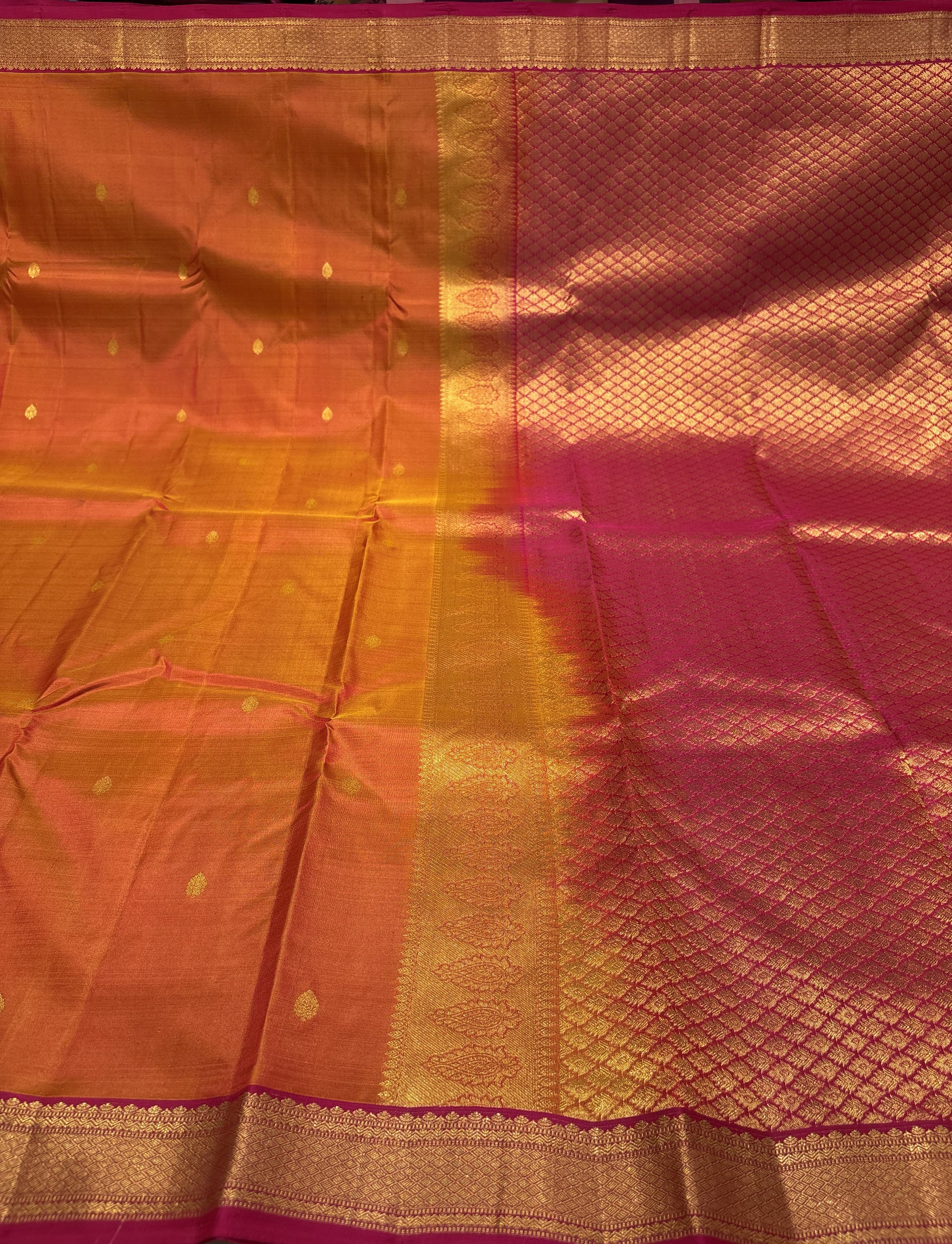 Vibrant Orange Pure Kanchipuram Silk Saree With Rani Pink Contrast
