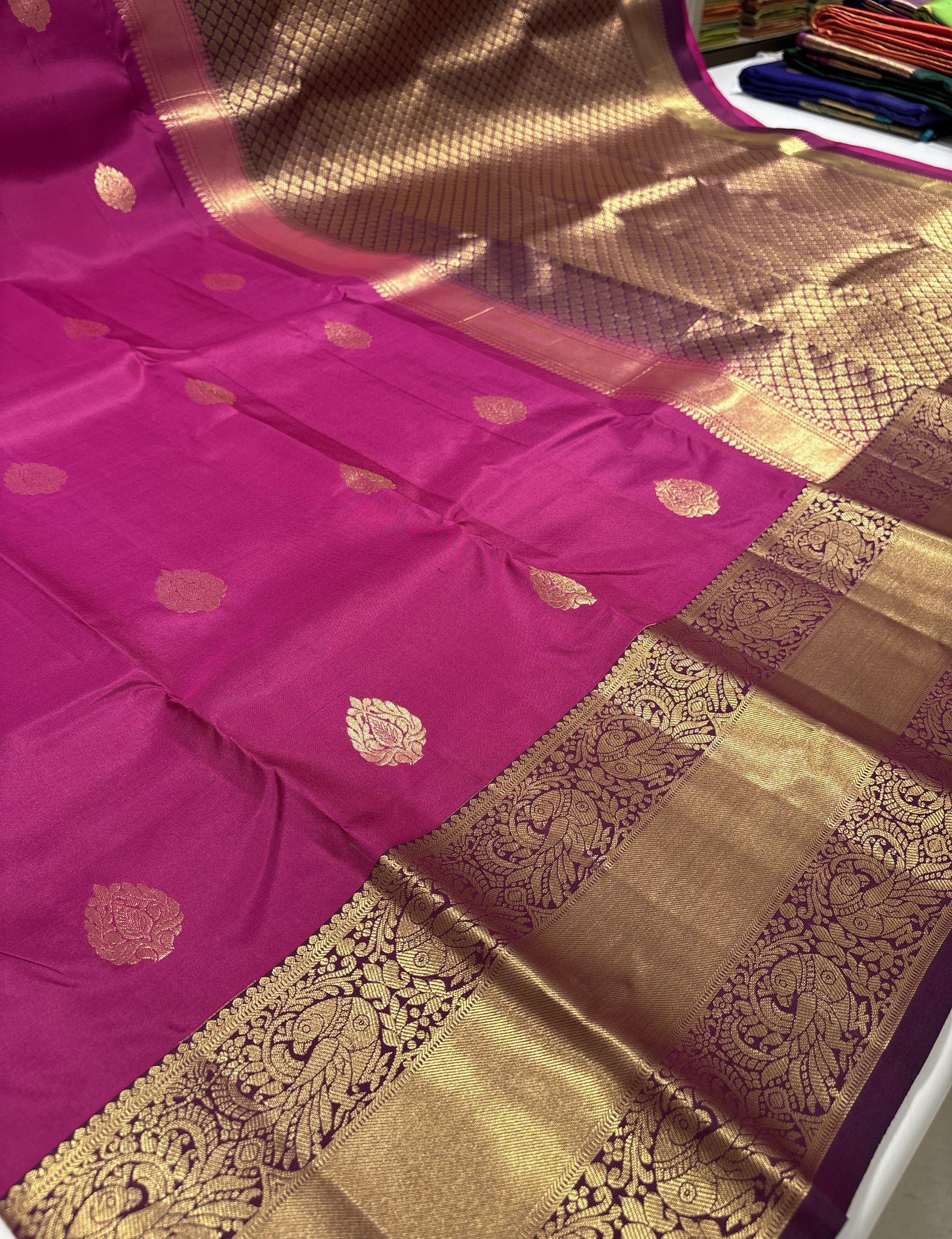 Beautiful Deep Rose Pink Pure Kanchipuram Silk Saree With Plum Purple Contrast
