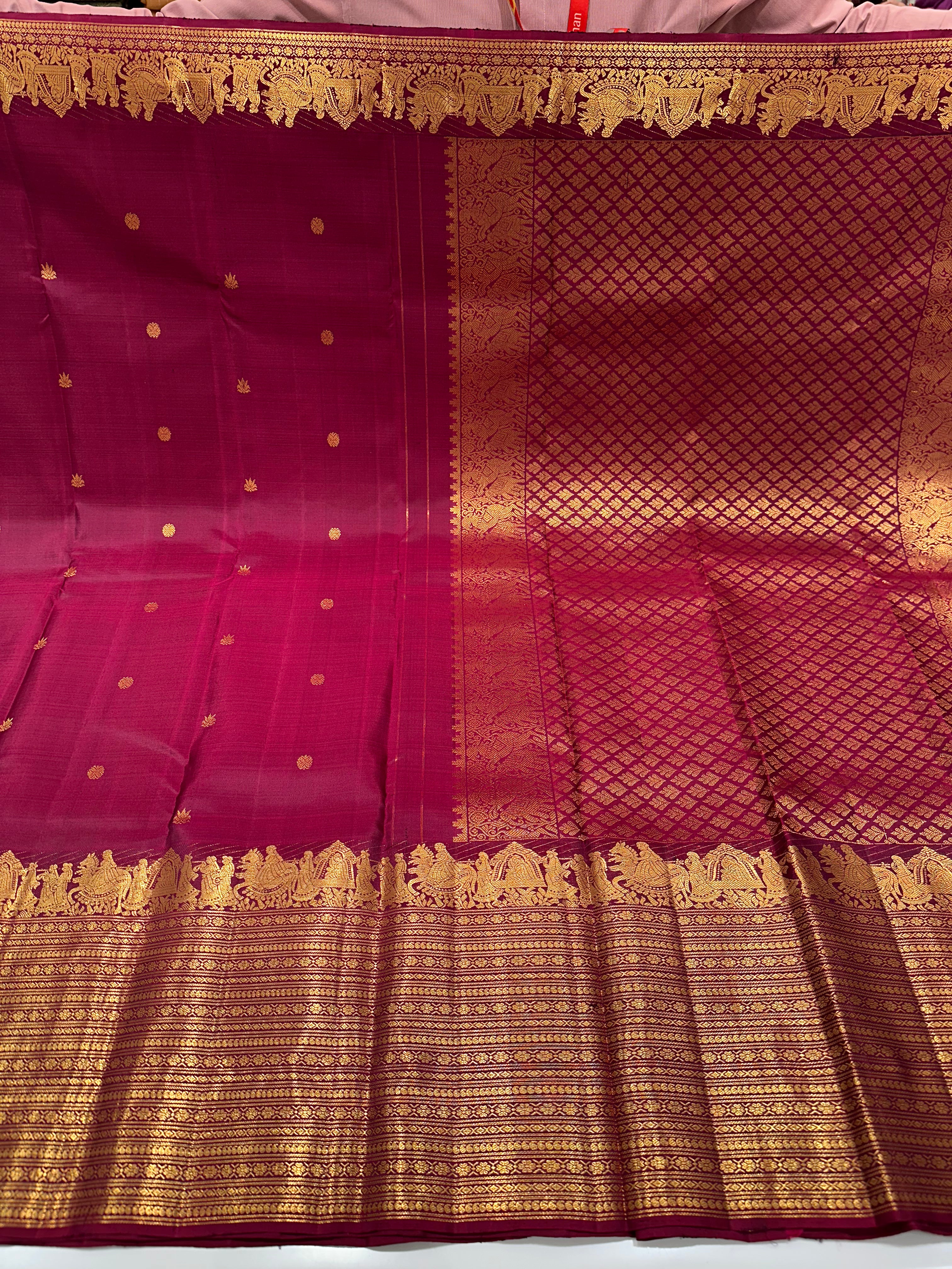 Red  Pure Kanjivaram Silk Saree with Grand Zari Border & Royal Buttas-Pallakki Border