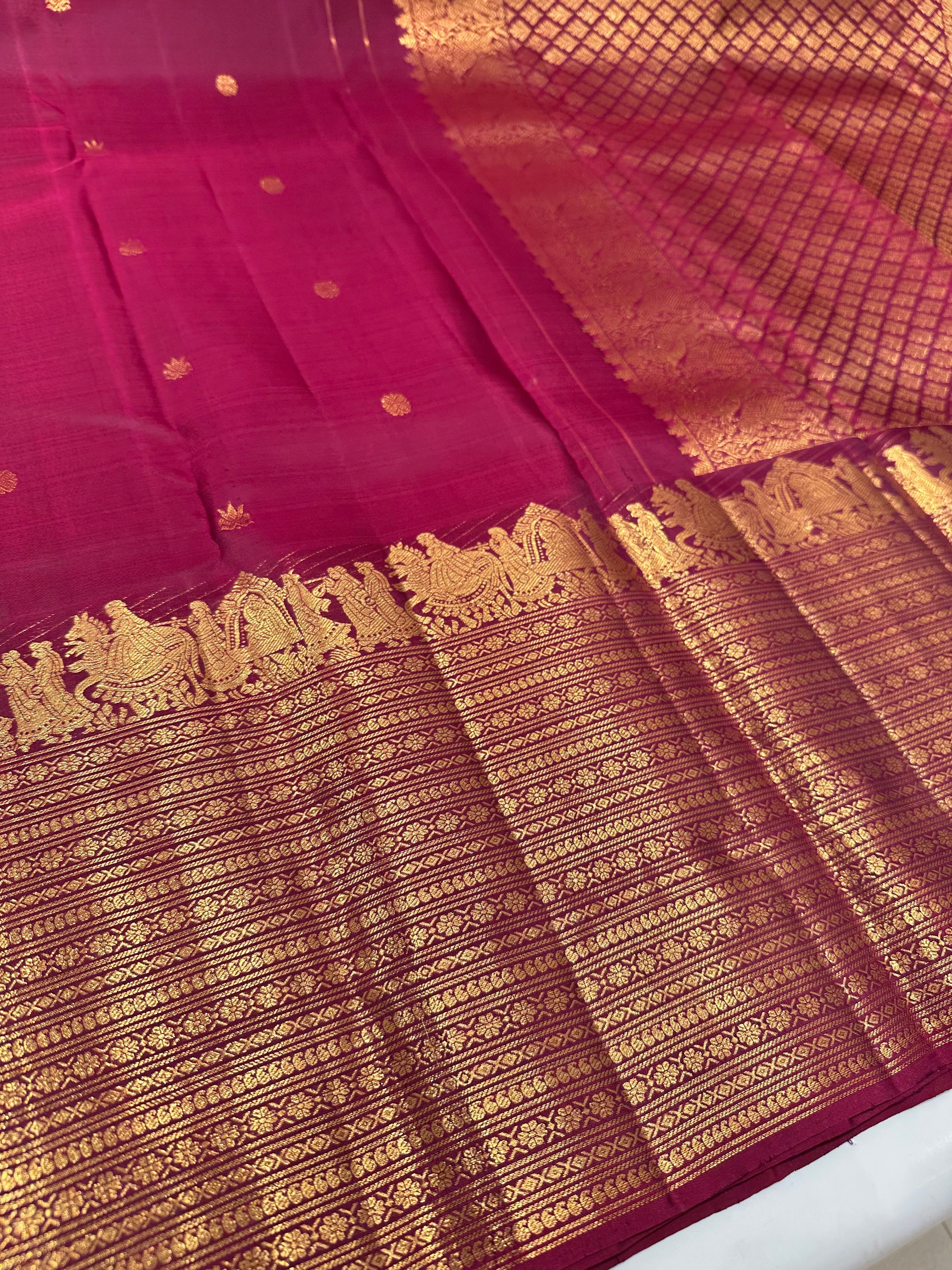 Red  Pure Kanjivaram Silk Saree with Grand Zari Border & Royal Buttas-Pallakki Border