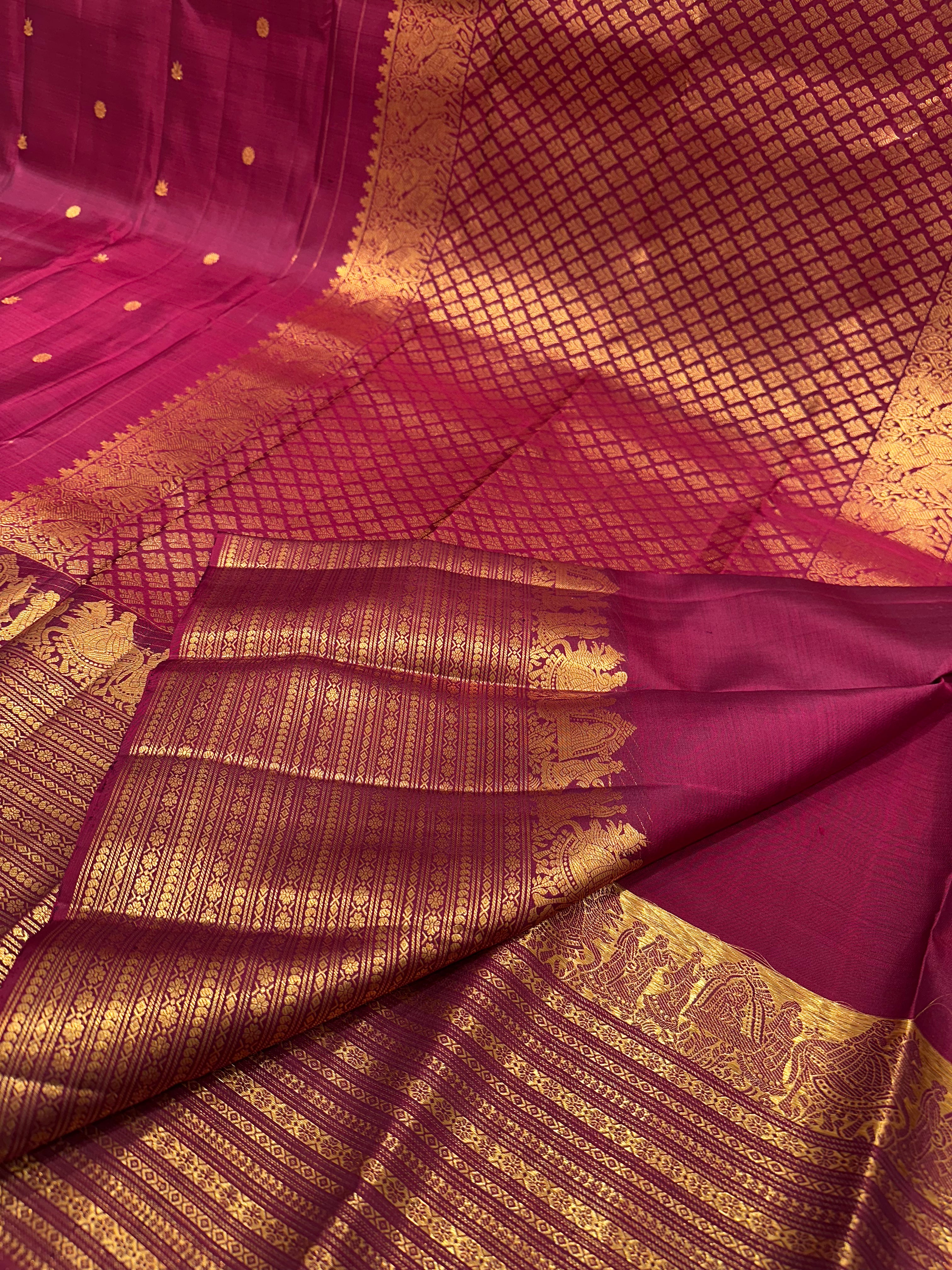 Red  Pure Kanjivaram Silk Saree with Grand Zari Border & Royal Buttas-Pallakki Border