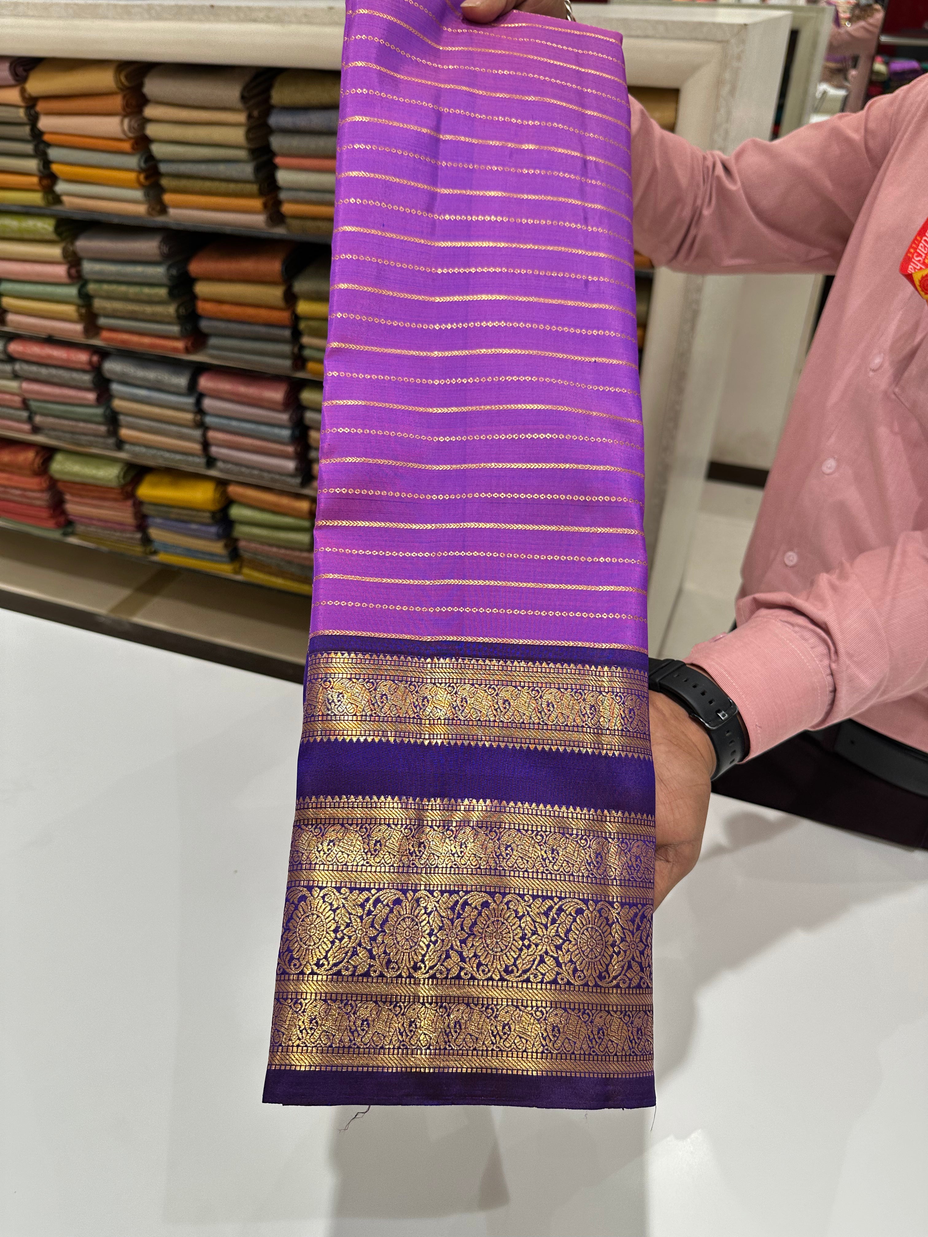 Purple & Blue Pure Kanjivaram Silk Saree with gold  Zari Work