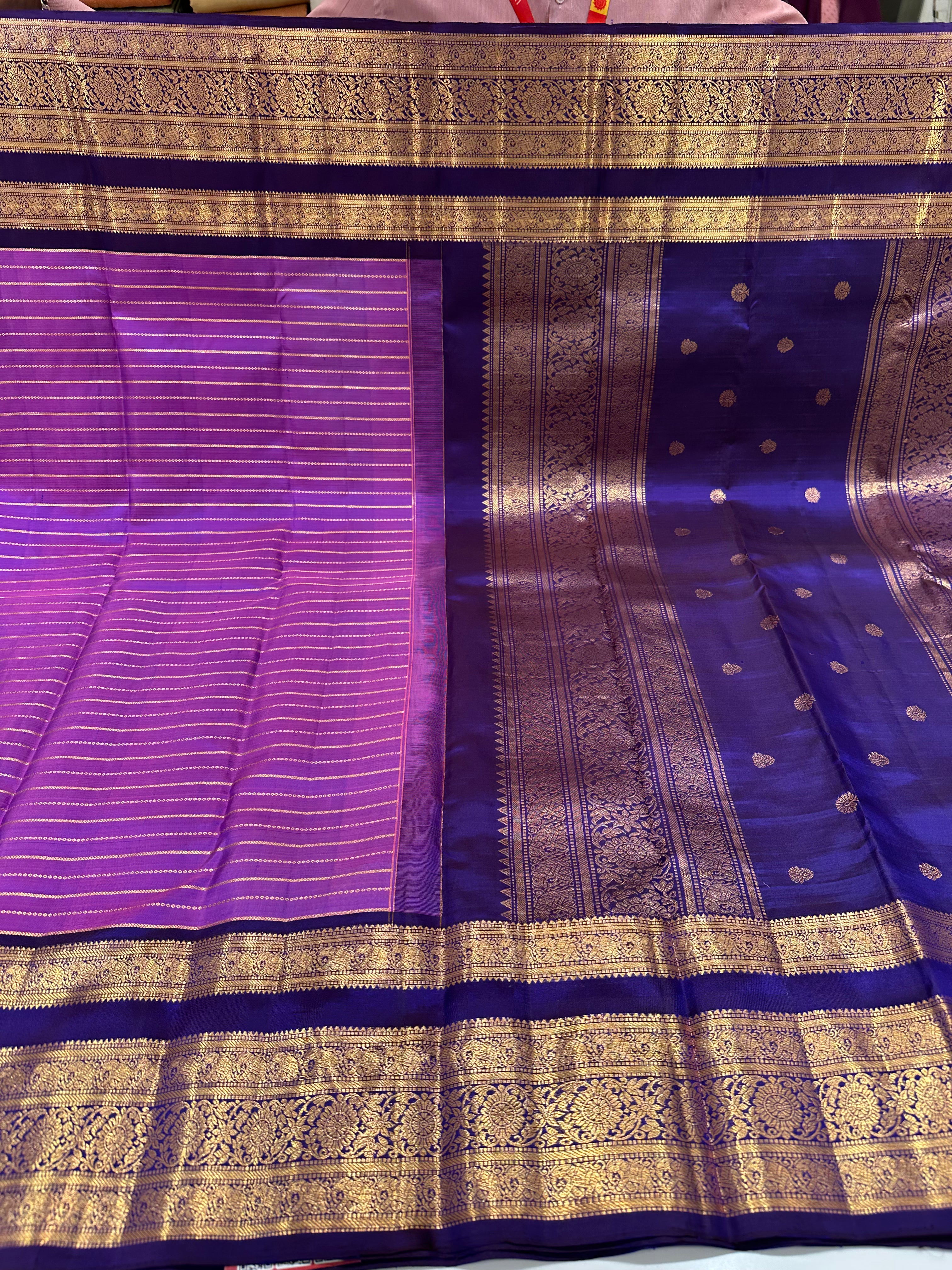 Purple & Blue Pure Kanjivaram Silk Saree with gold  Zari Work