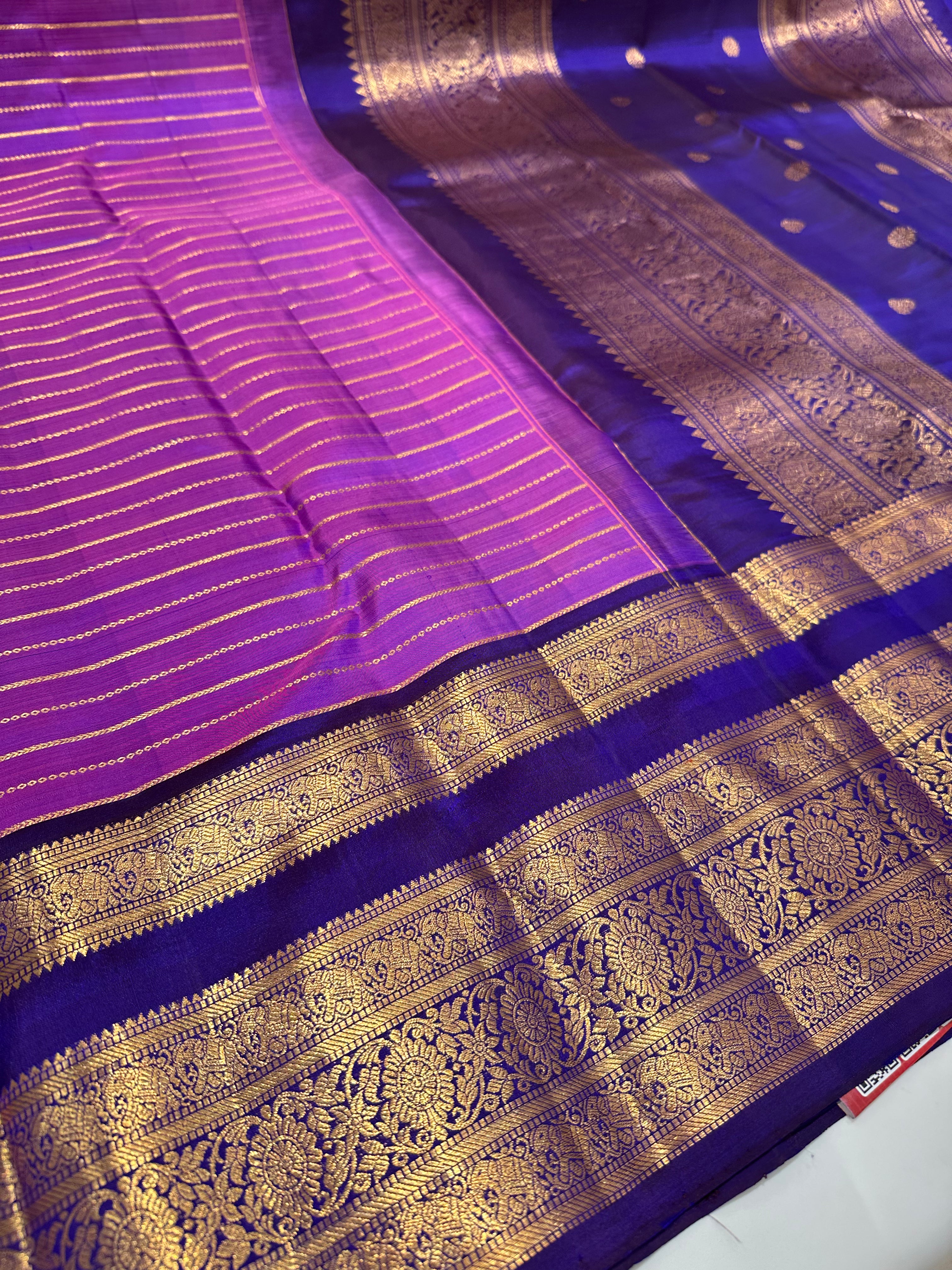 Purple & Blue Pure Kanjivaram Silk Saree with gold  Zari Work