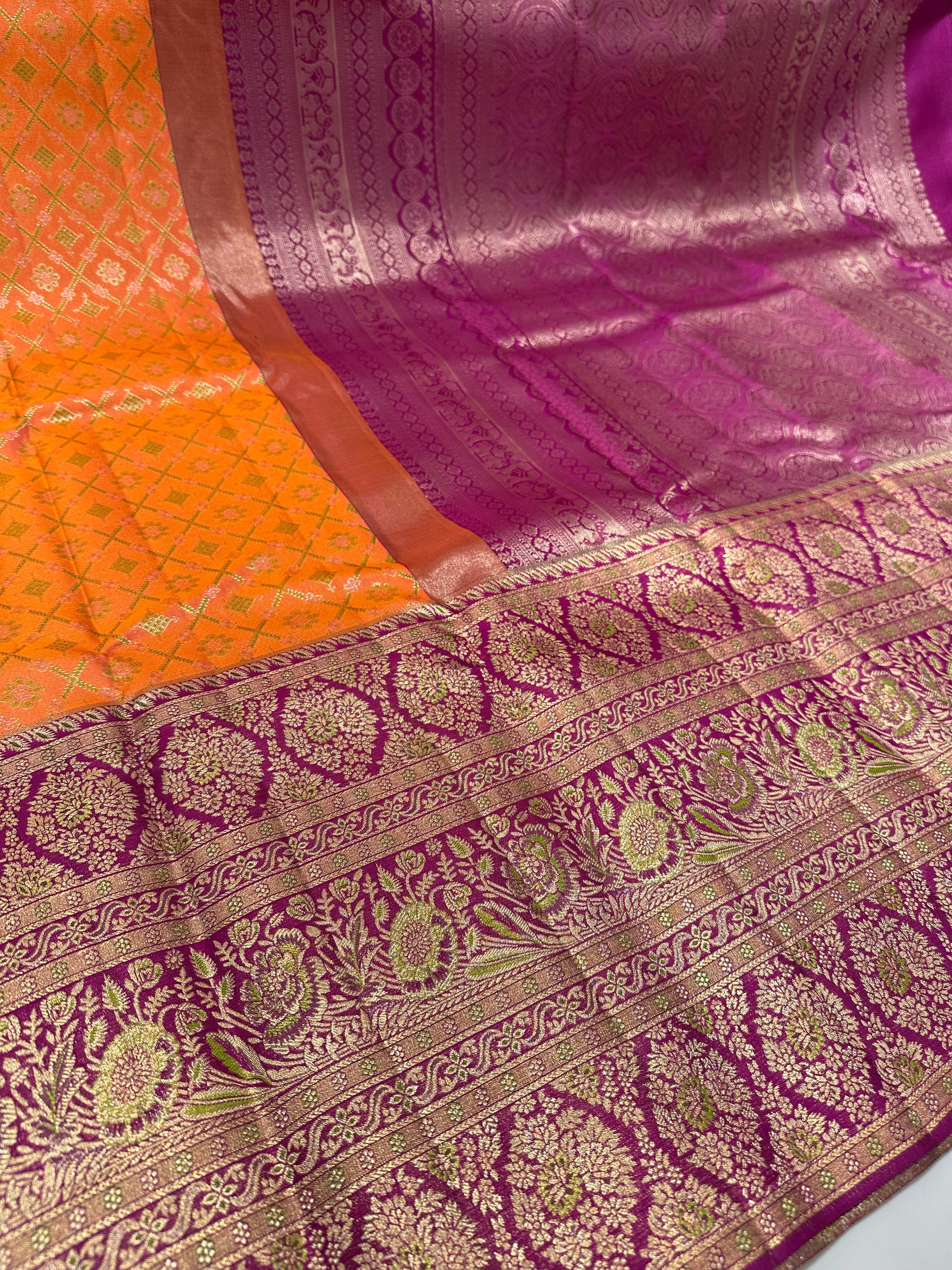 Bridal Elegance Orange & Pink Pure Kanjivaram Silk Saree with Grand Zari Border & Buttas