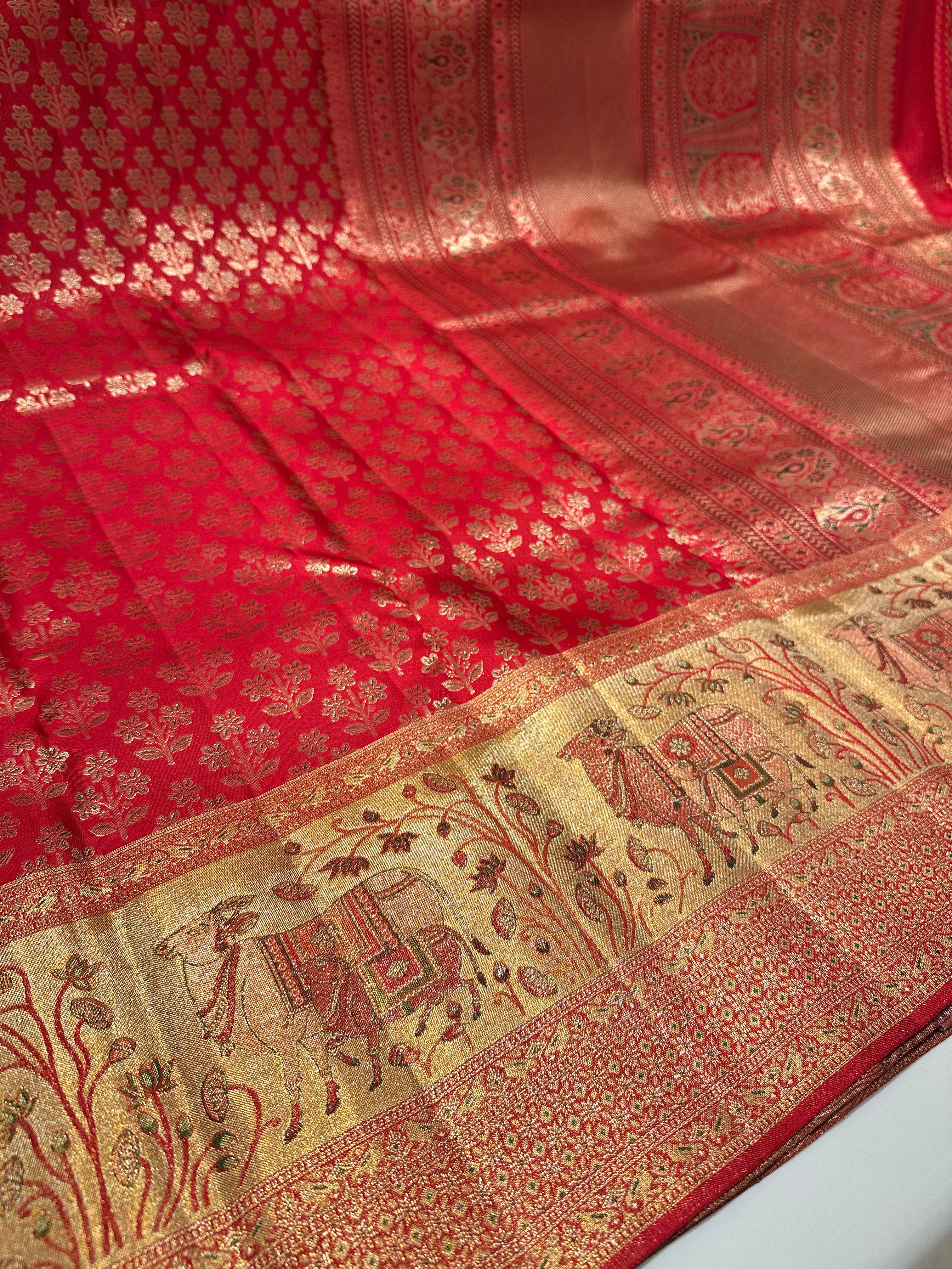 Bridal Red Pure Kanjivaram Silk Saree with Heavy Zari Grand Border