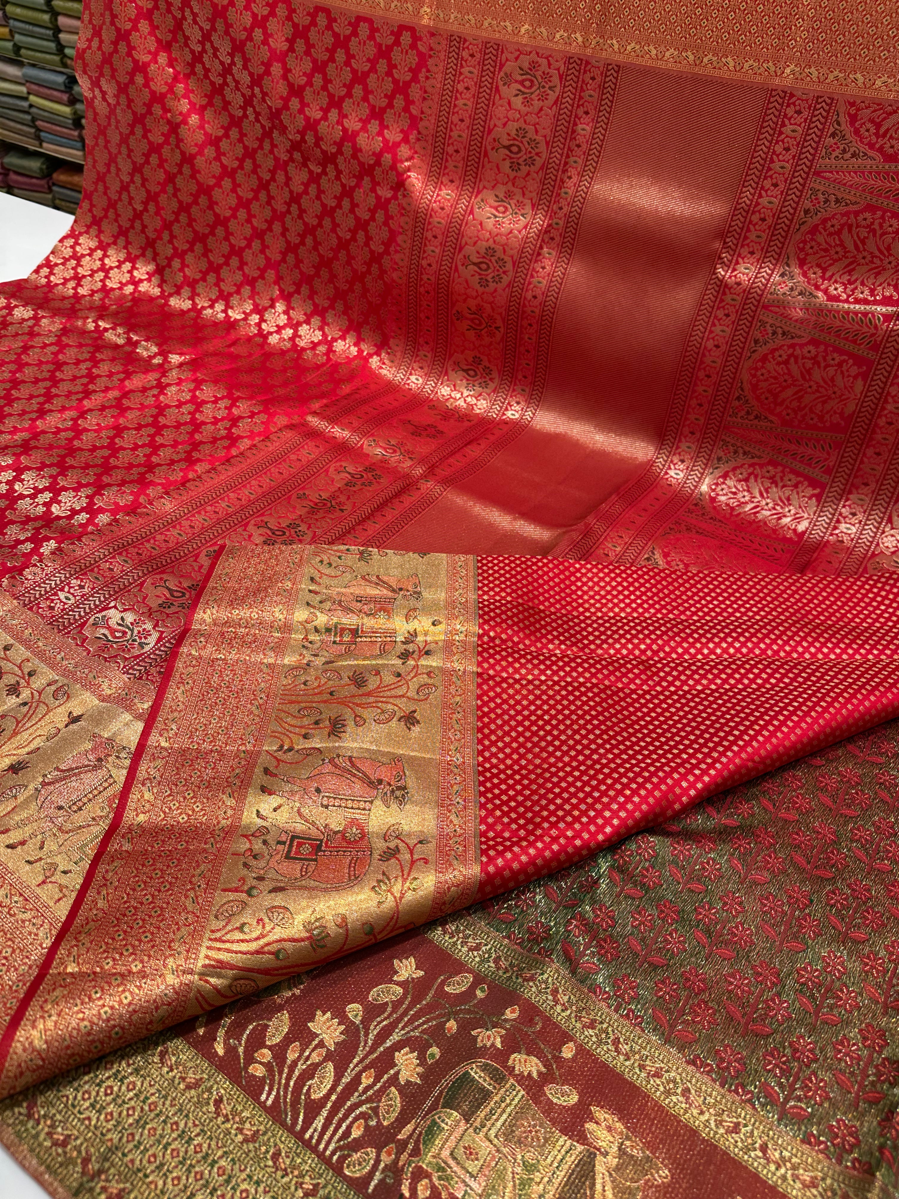 Bridal Red Pure Kanjivaram Silk Saree with Heavy Zari Grand Border