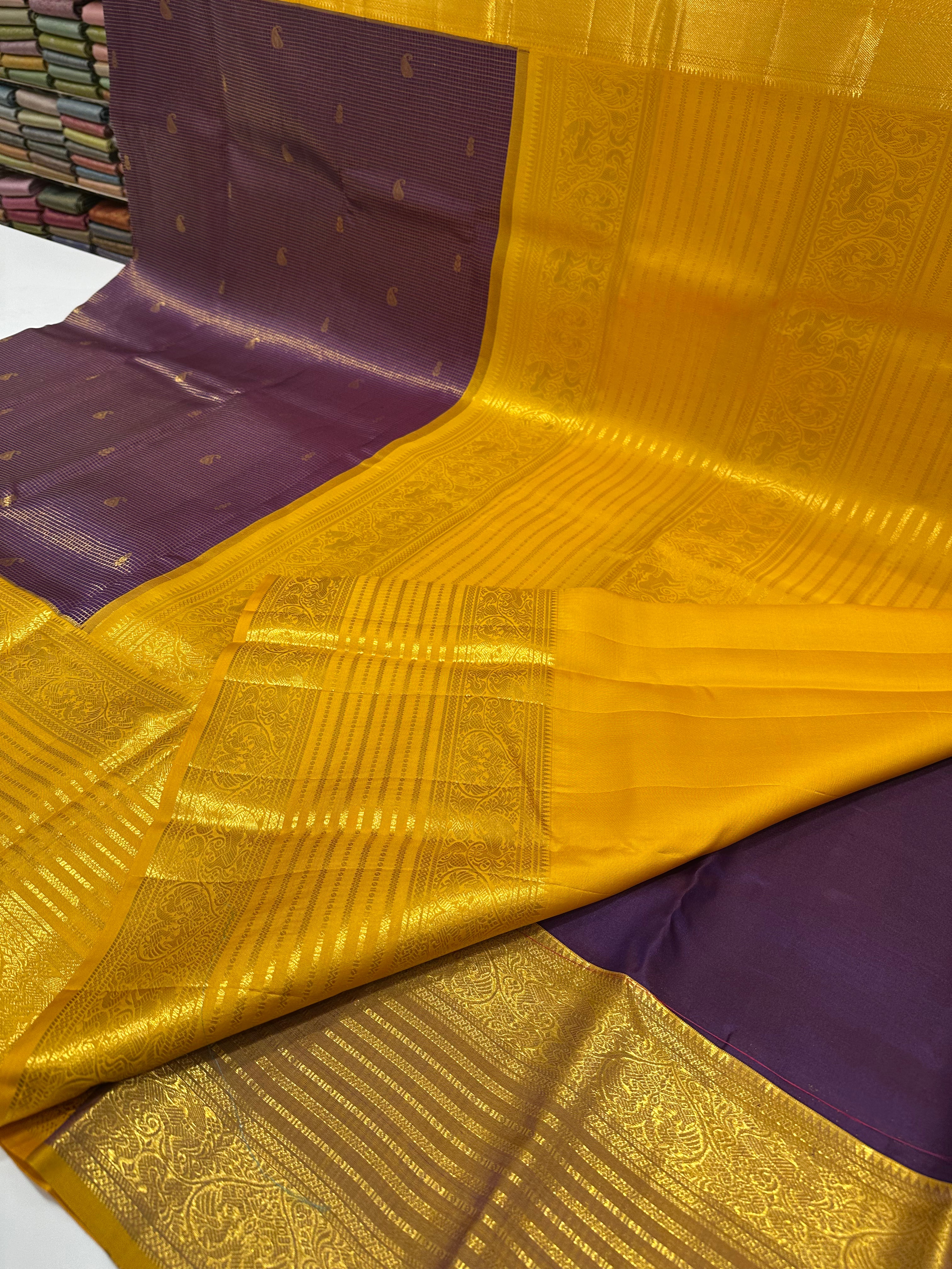 Brown & Gold Yellow Wedding Pure Kanjivaram Silk Saree with Grand Zari Buttas