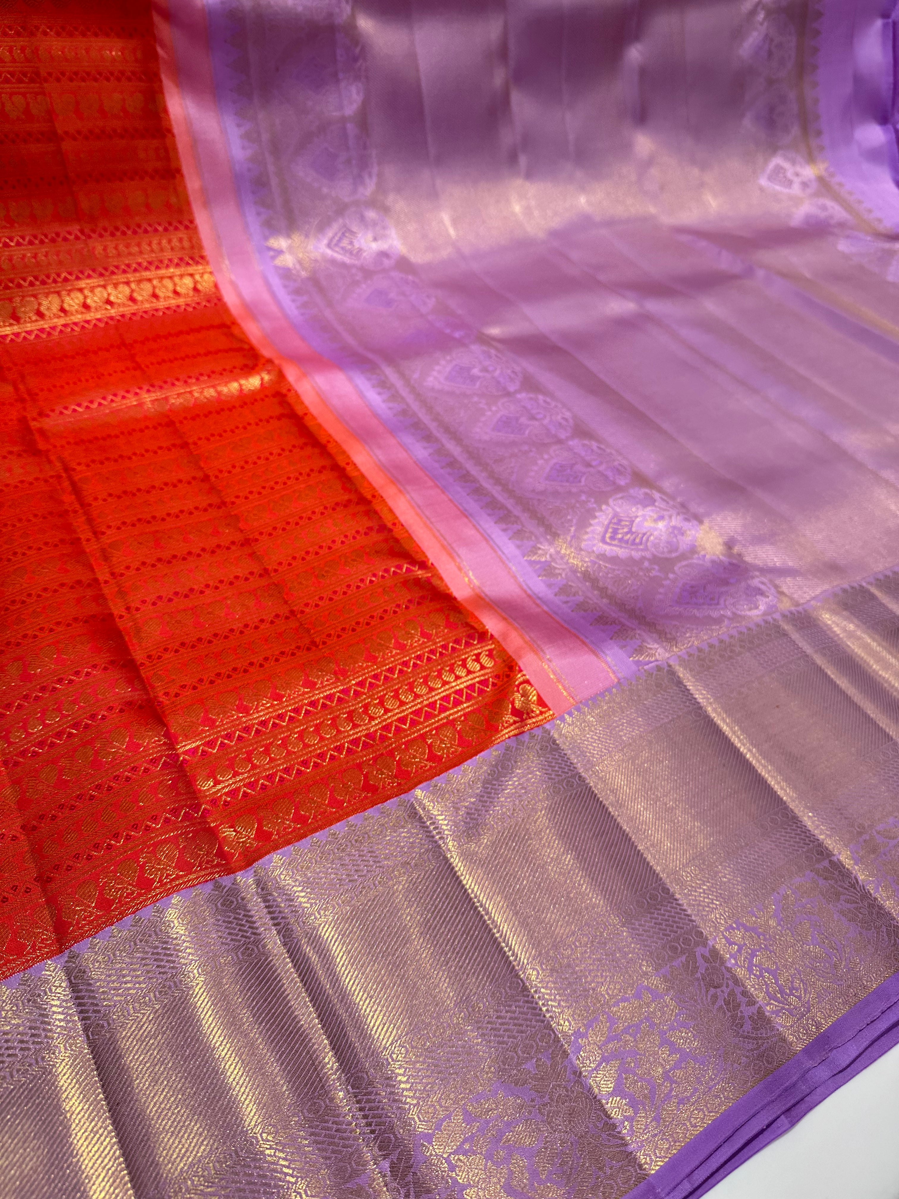 Orange & Lavender Pure Kanjivaram Silk Saree with Luxurious Zari Butta Work – Bridal Collection