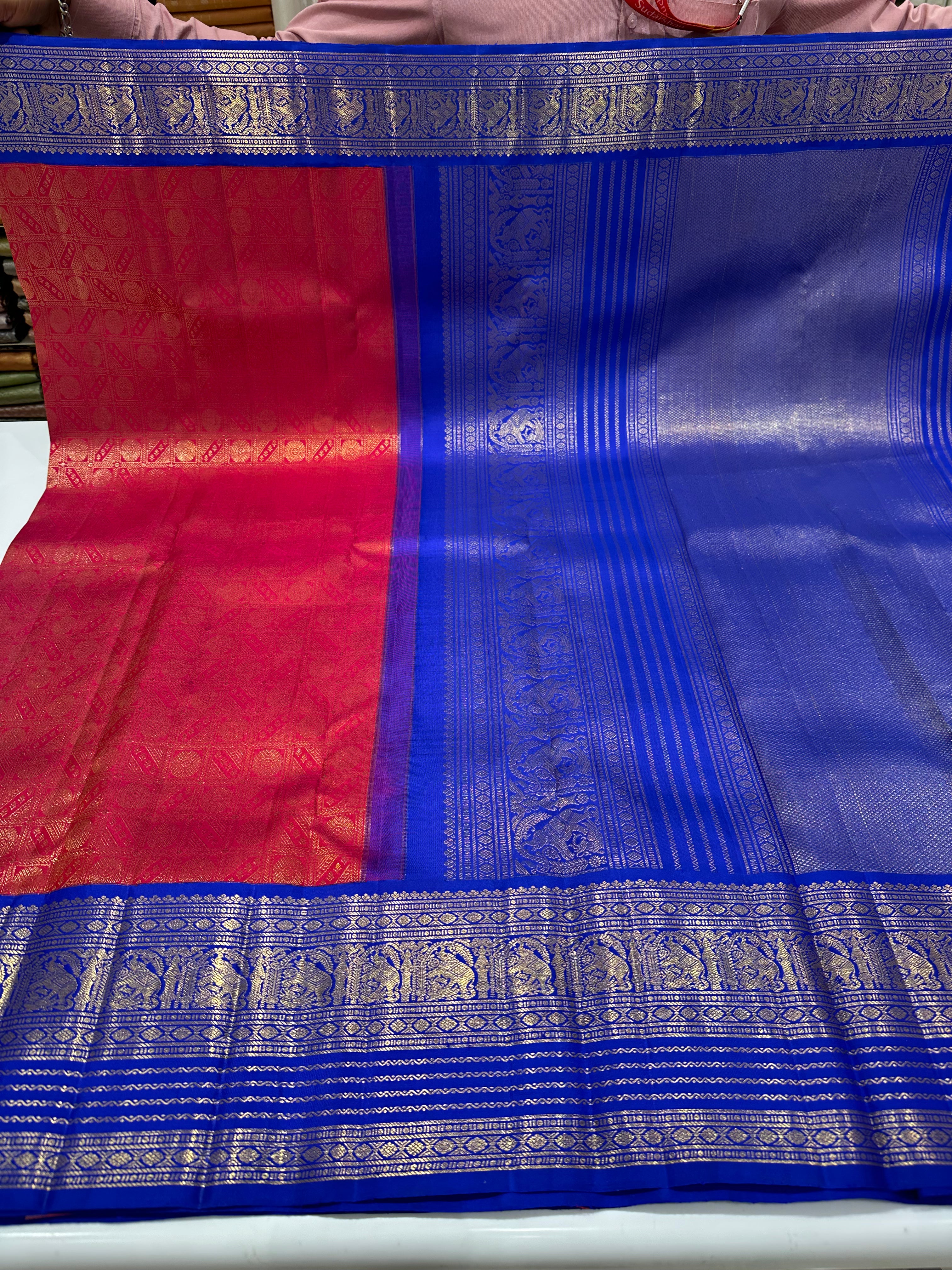 Red Pallu & Blue Border Pure Kanjivaram Silk Saree with Grand Zari Border, Checks & Buttas