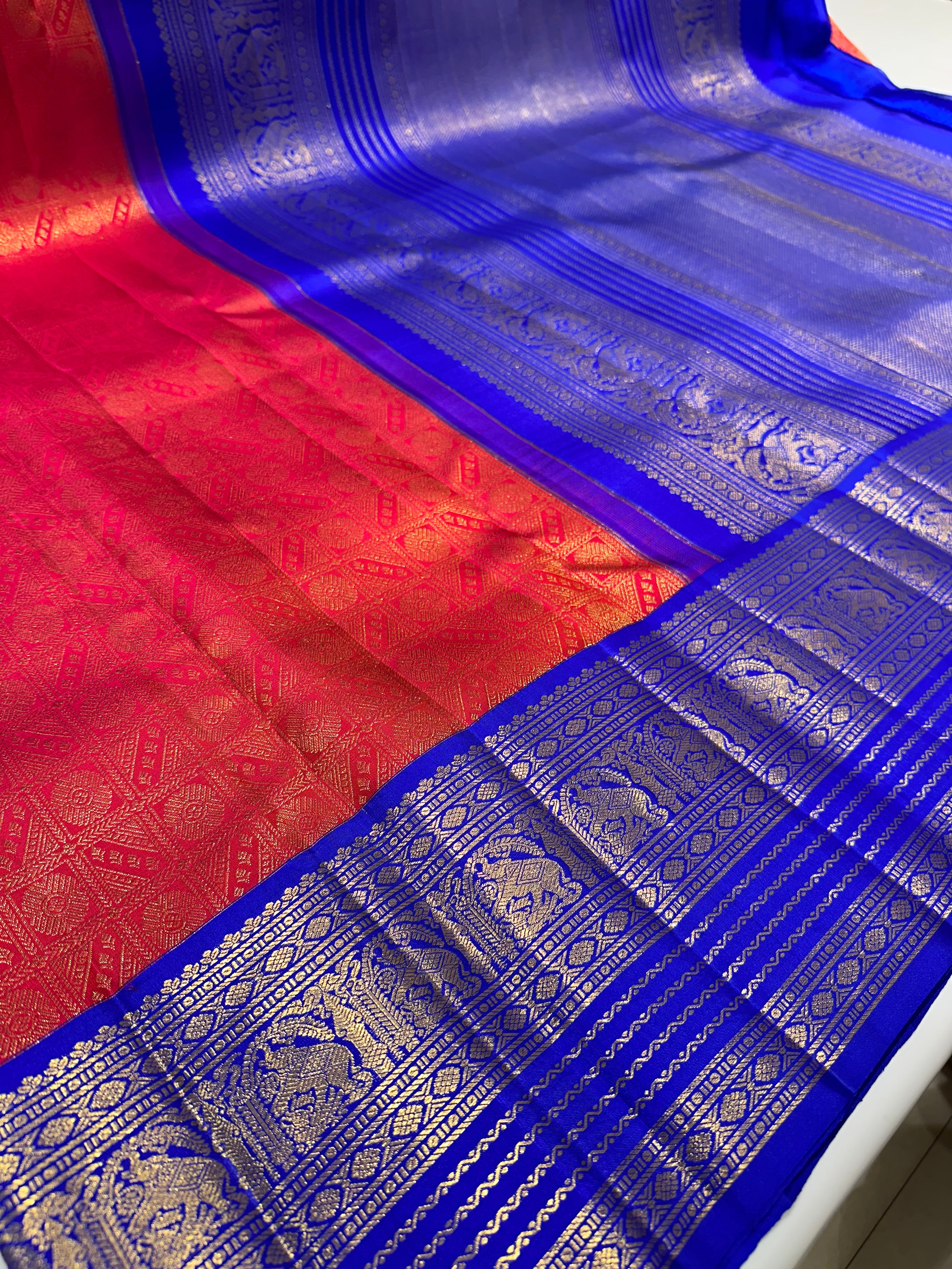 Red Pallu & Blue Border Pure Kanjivaram Silk Saree with Grand Zari Border, Checks & Buttas