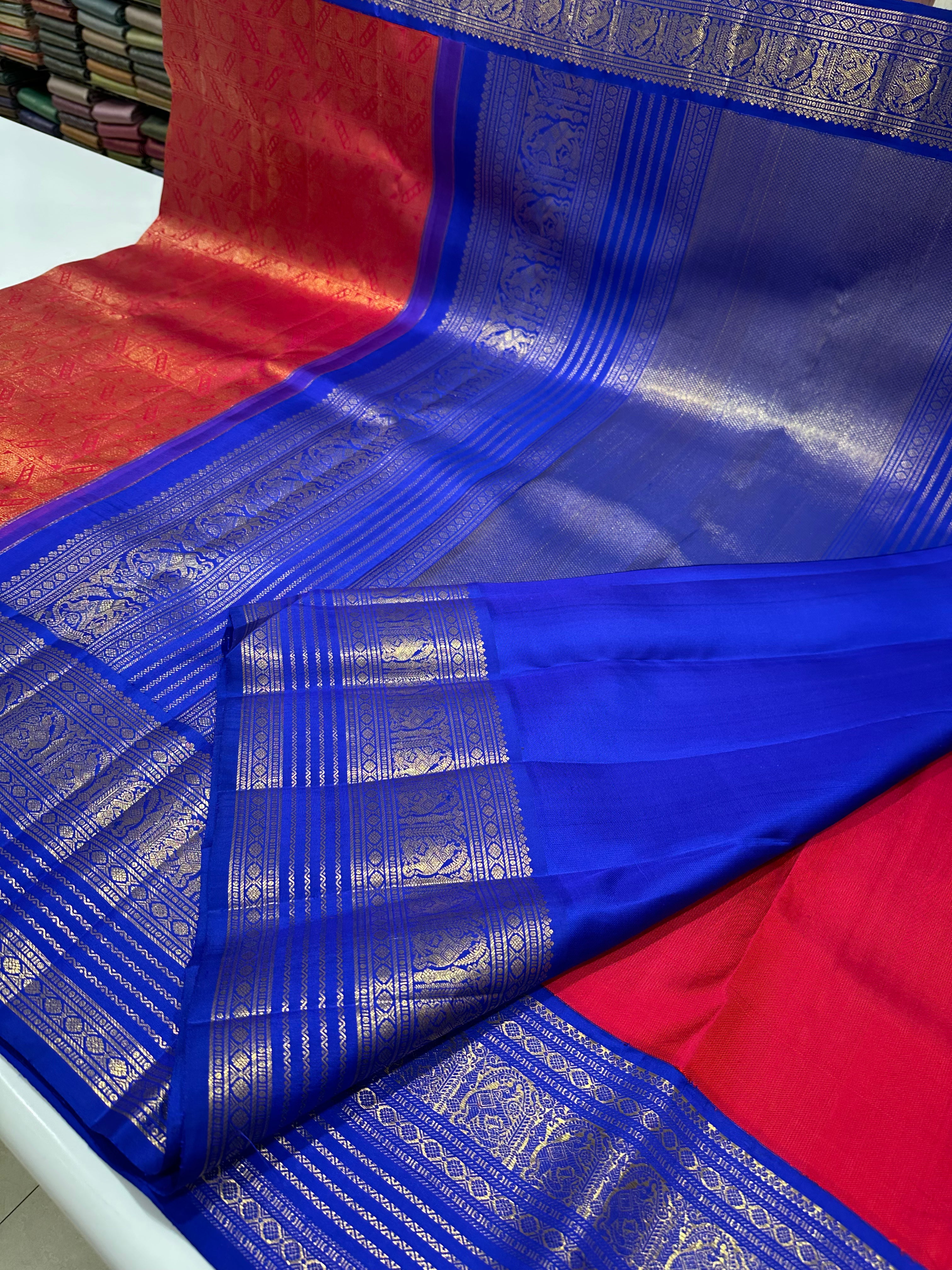Red Pallu & Blue Border Pure Kanjivaram Silk Saree with Grand Zari Border, Checks & Buttas