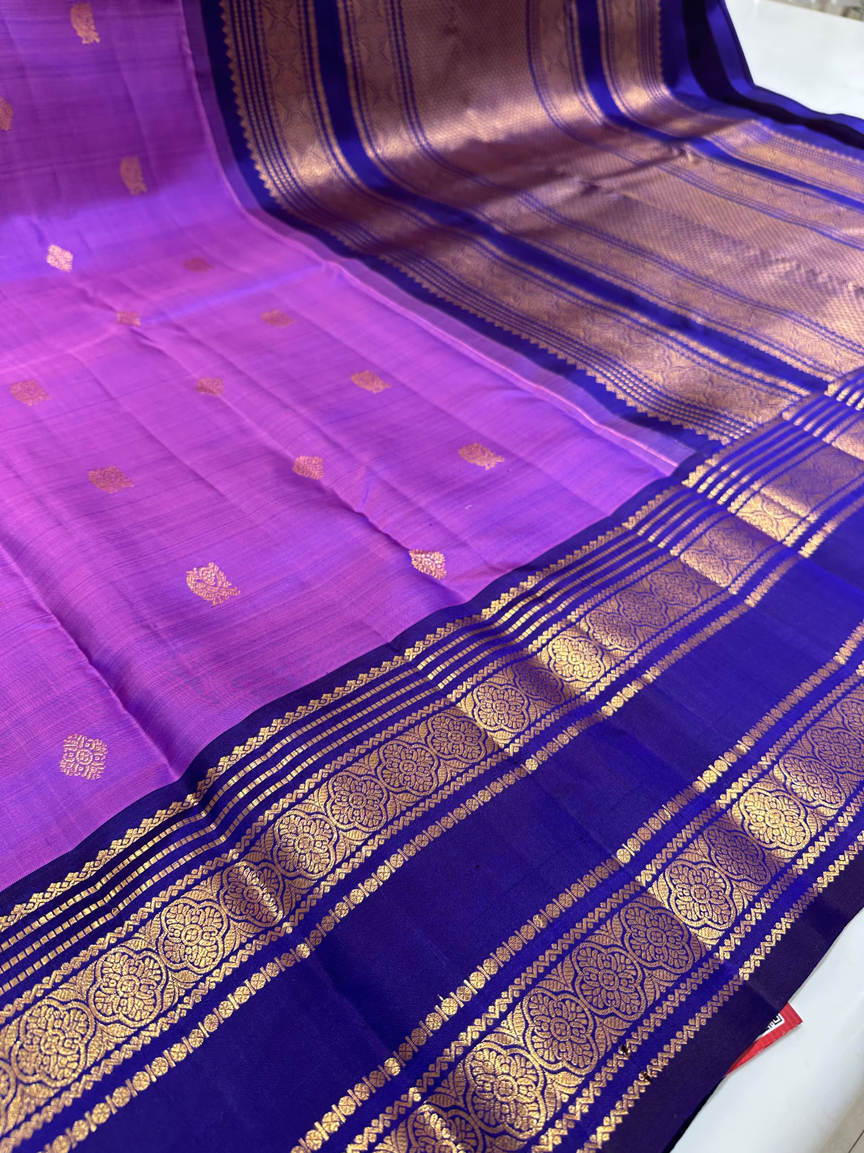 Purple & Blue Pure Kanjivaram Silk Saree with Grand Zari Border & Buttas