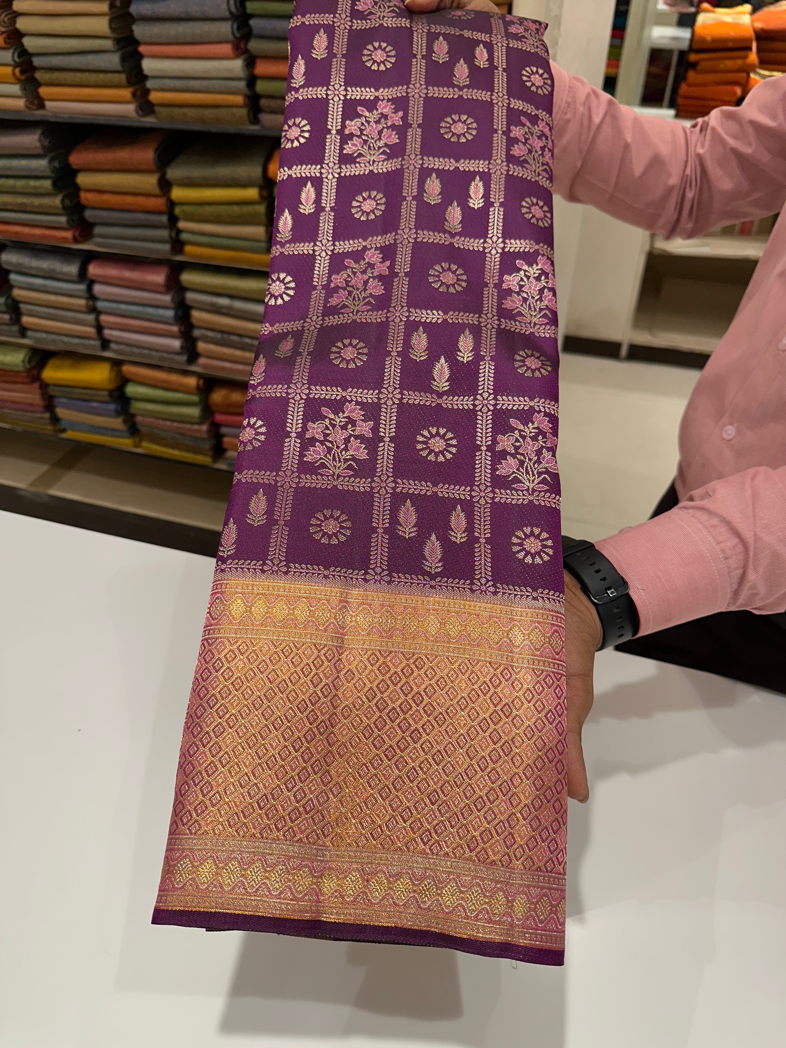 Luxury Plum Mix Wedding Saree with Grand Zari Border & Timeless Buttas