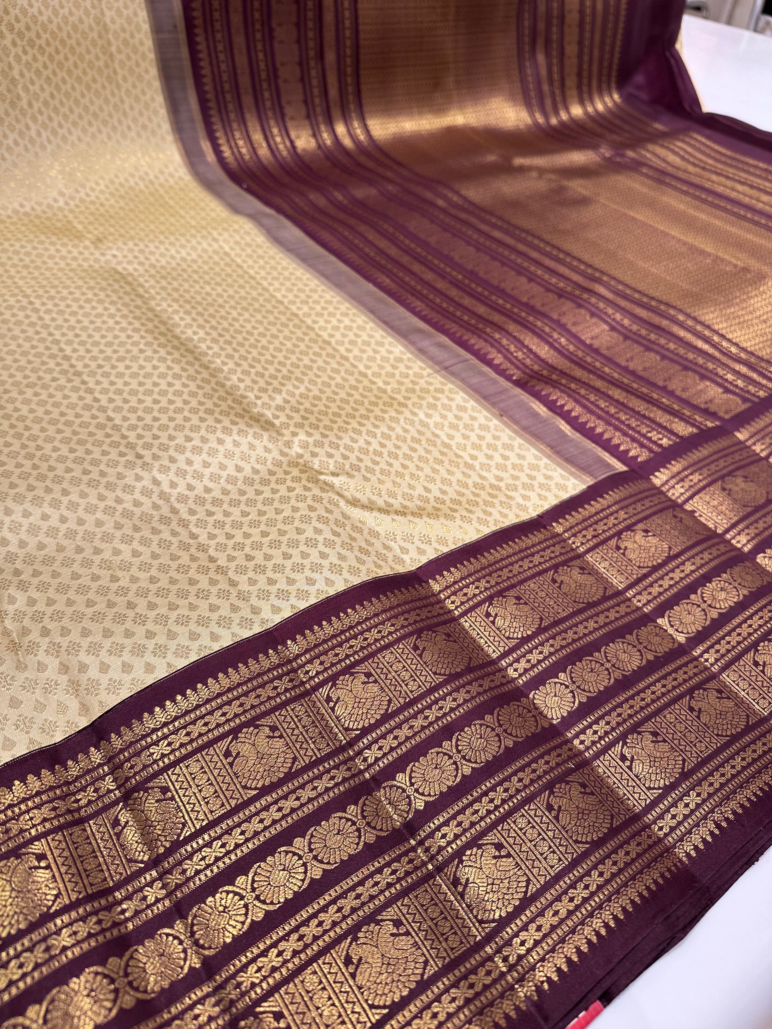 Cream & Brown Pure Kanjivaram Silk Saree with Traditional Gold Butta Work-Bridal & Festive wear