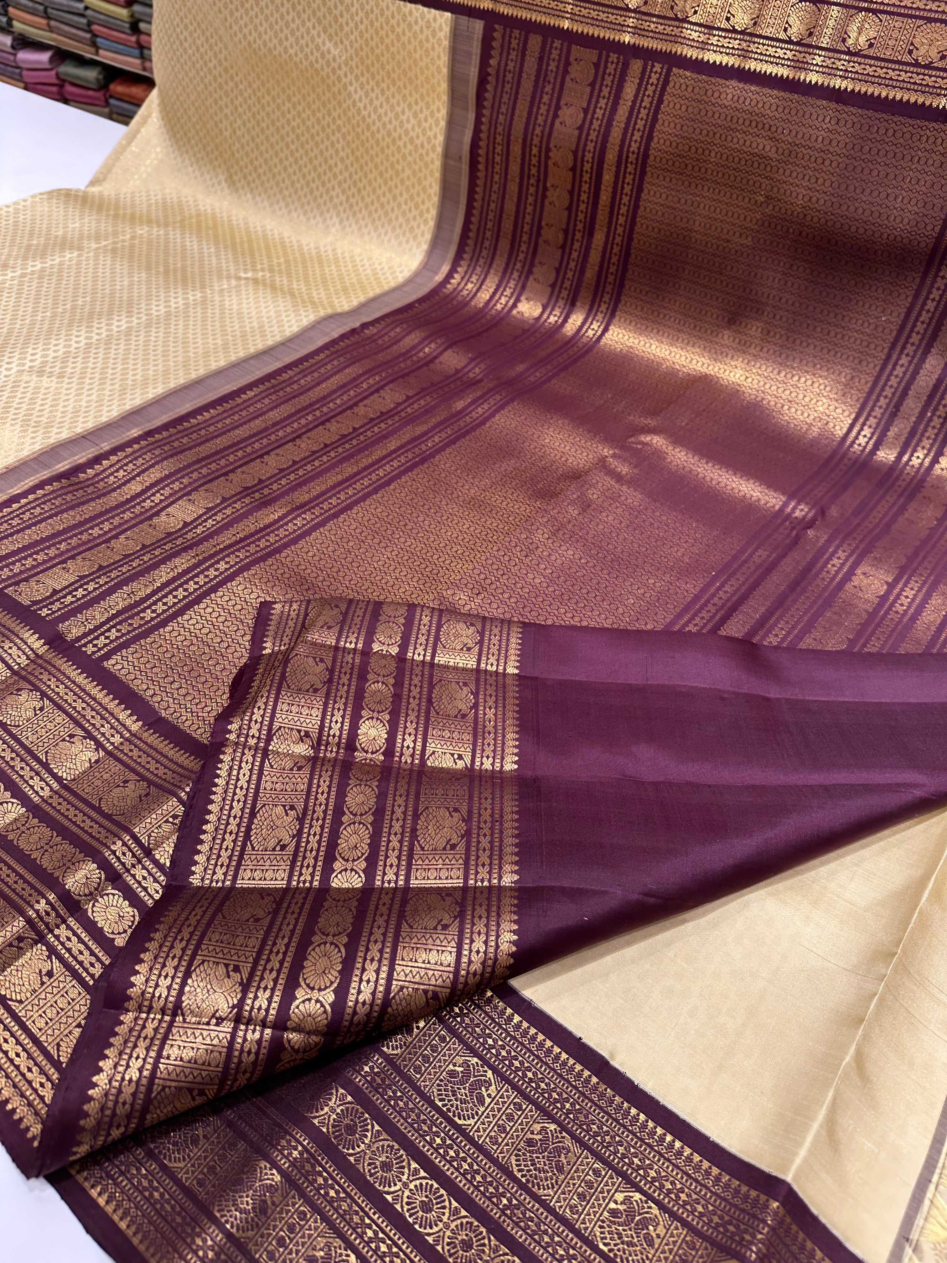 Cream & Brown Pure Kanjivaram Silk Saree with Traditional Gold Butta Work-Bridal & Festive wear