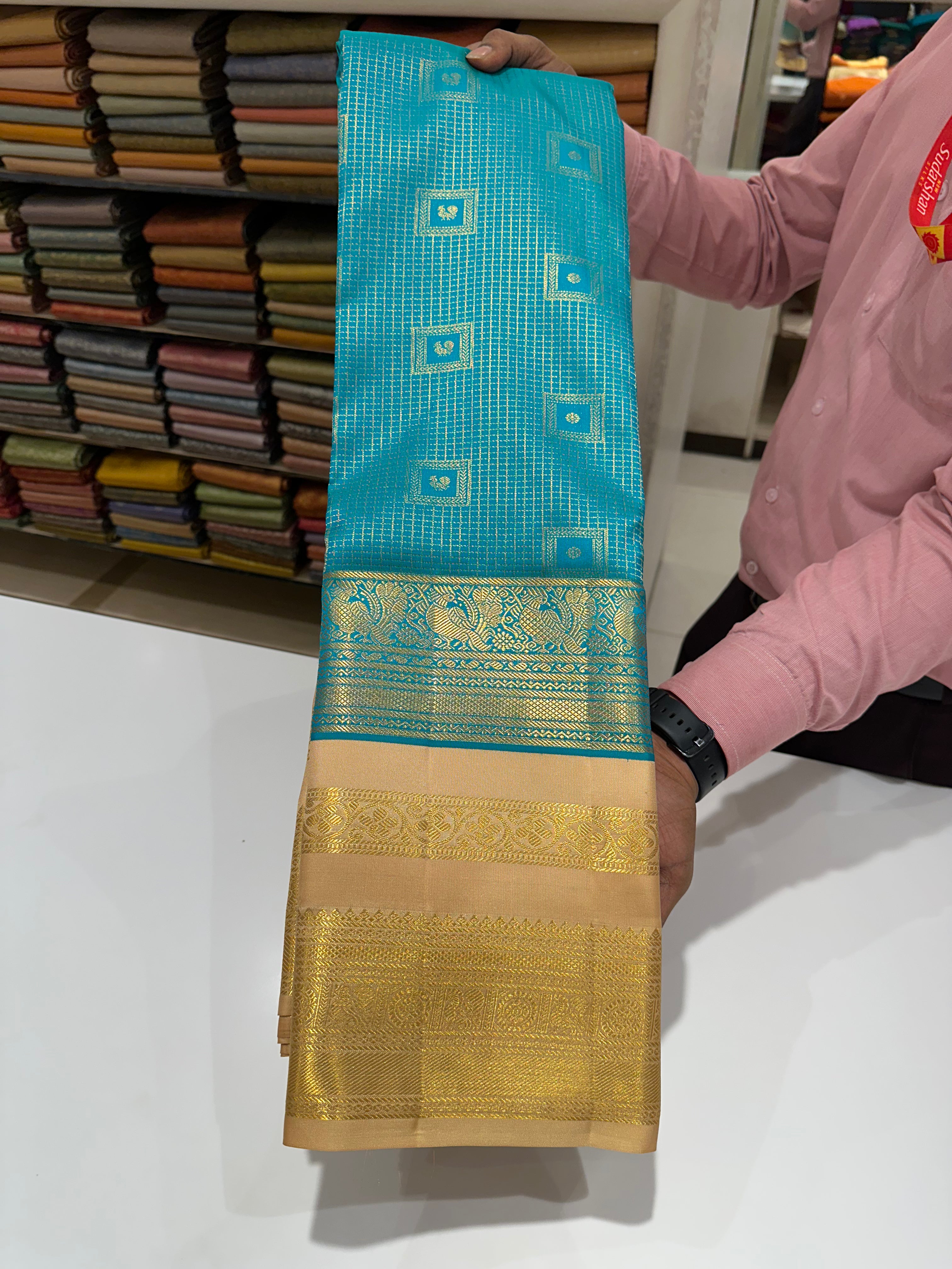Royal Cyan Blue Leela Verse Saree with Grand Gold Zari Border & Buttas