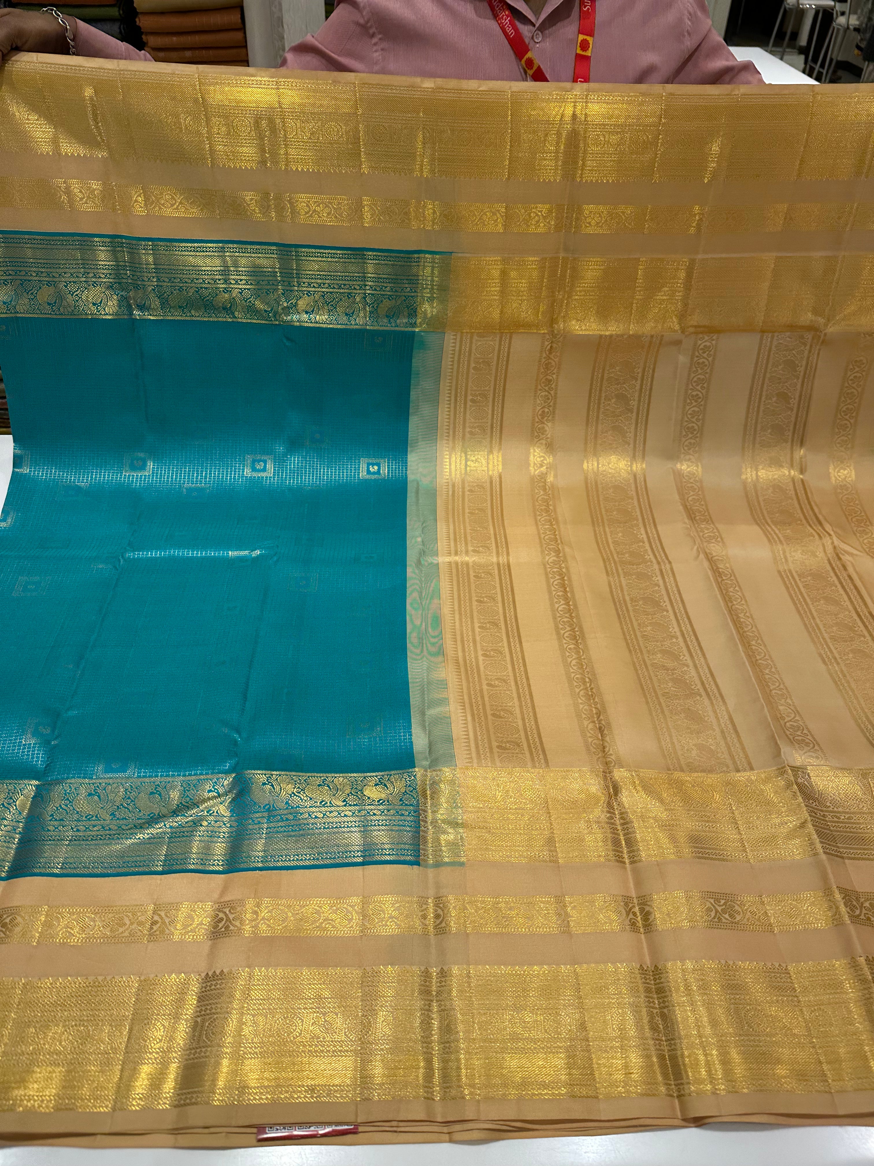 Royal Cyan Blue Leela Verse Saree with Grand Gold Zari Border & Buttas