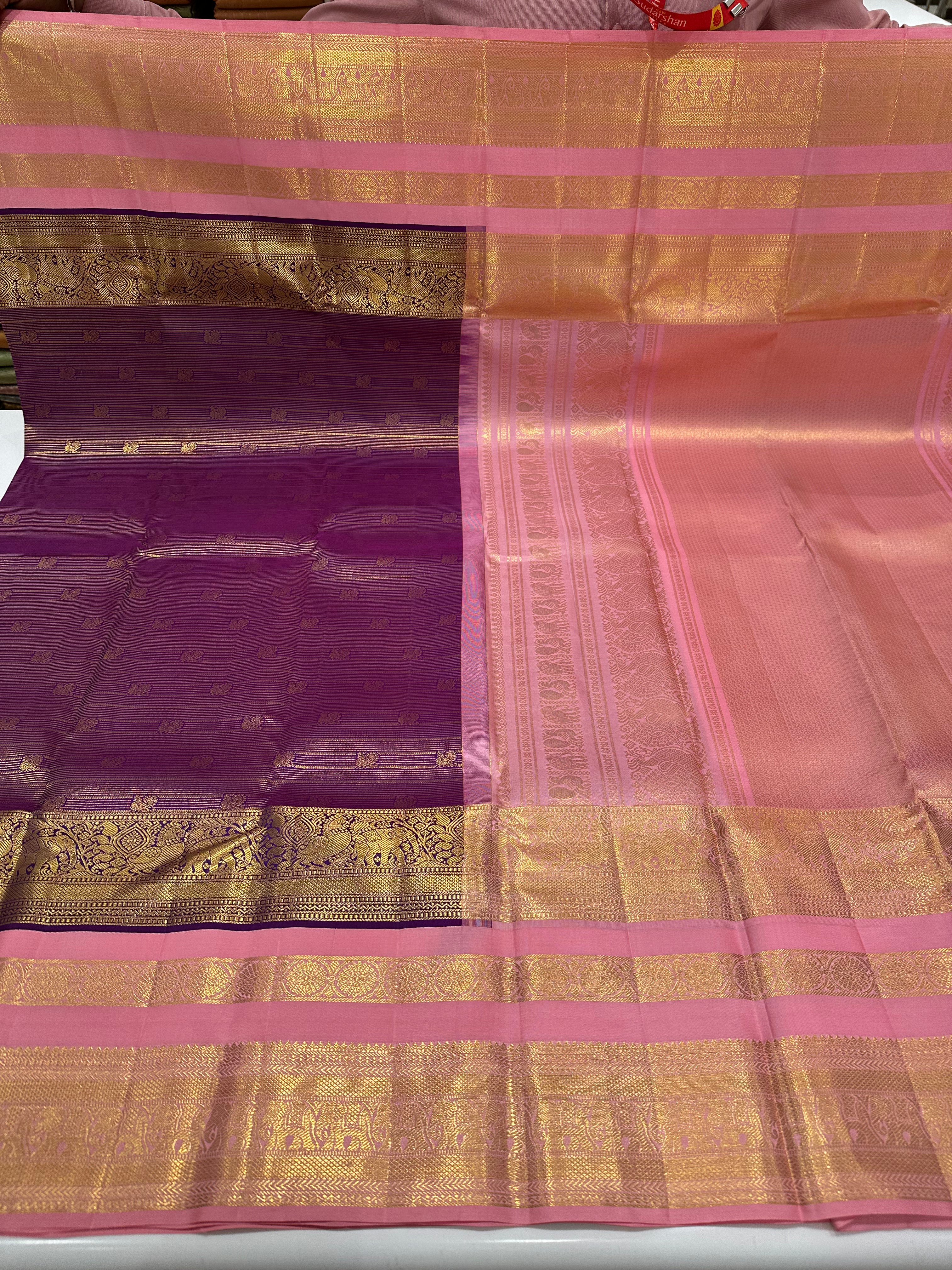 Modern Royal Burgundy & Pink Saree with Minimal Gold Line Elegance