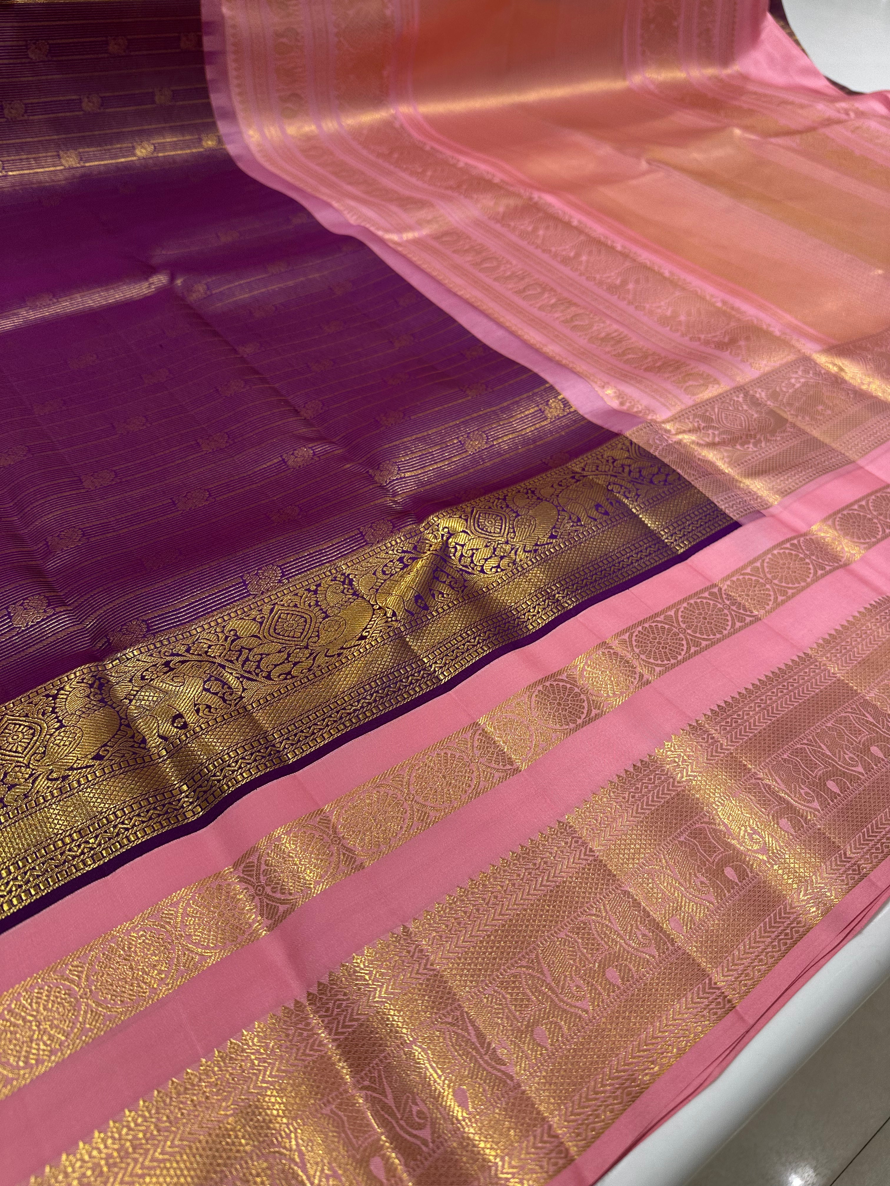 Pure Kanjivaram Saree Royal Burgundy & Pink Leela Verse Saree with Minimal Gold Line Elegance