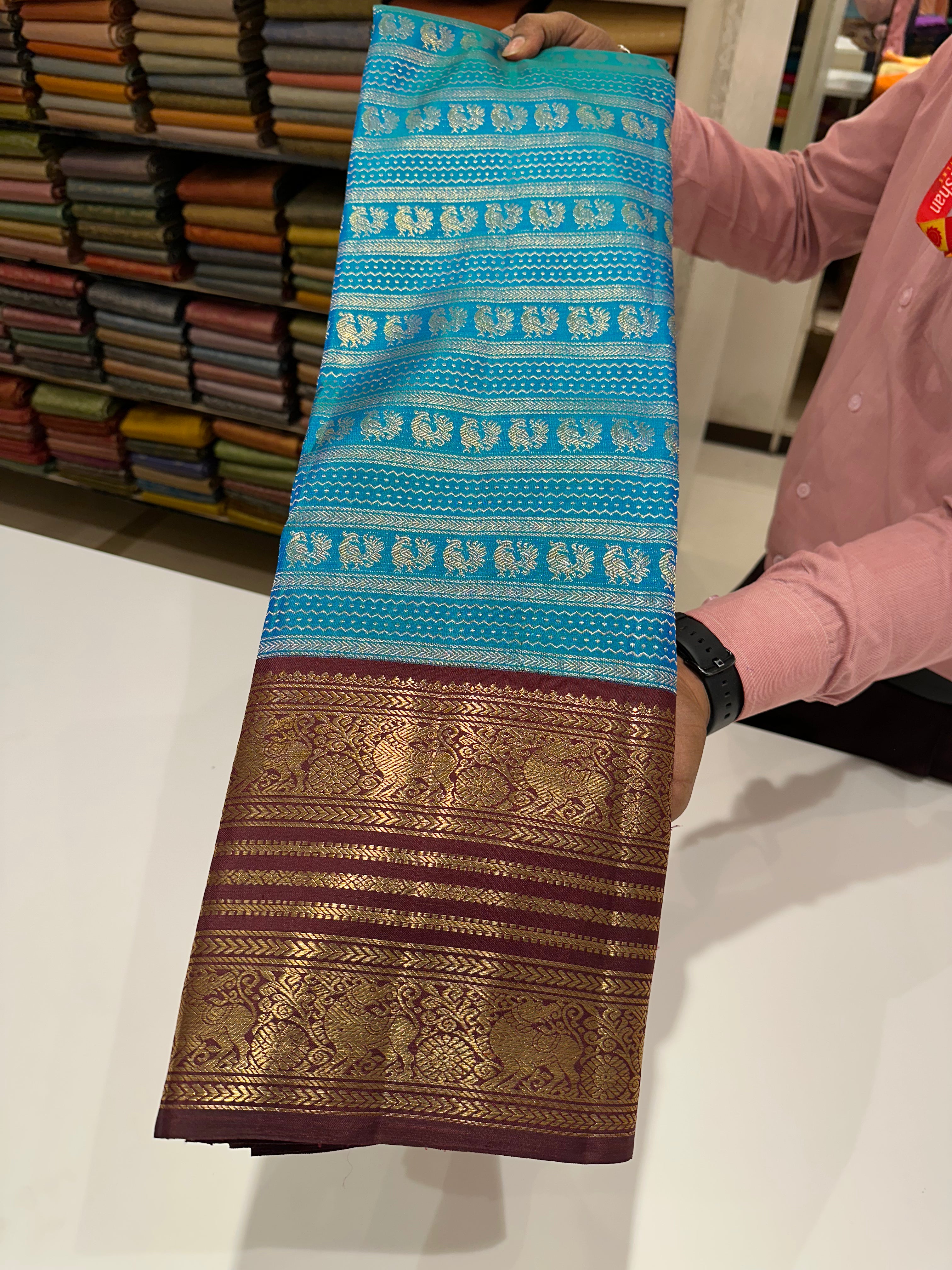 Queen’s Grace Cyan Blue & Maroon Leela Verse Saree with Heritage Zari Weave