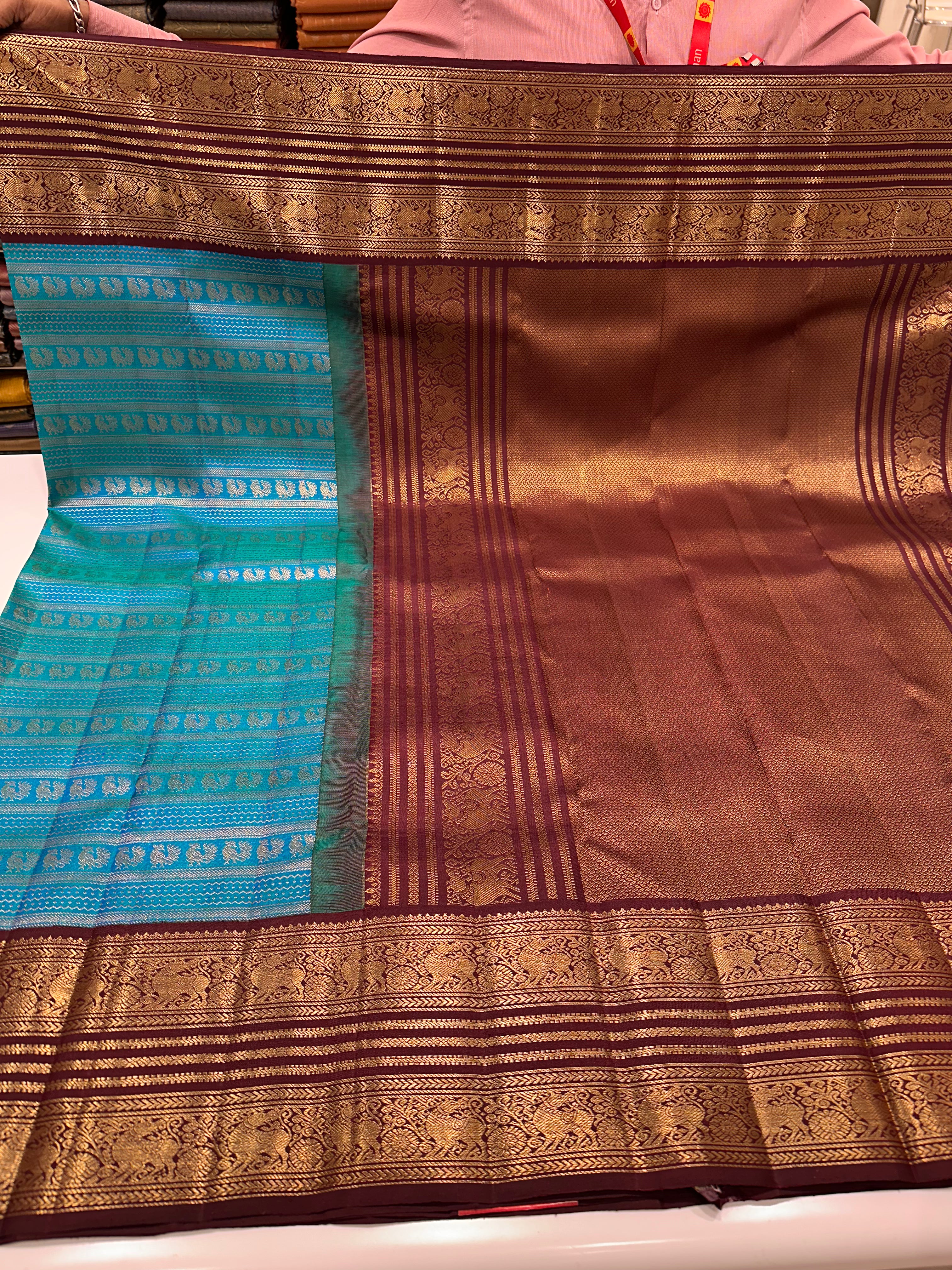 Queen’s Grace Cyan Blue & Maroon Leela Verse Saree with Heritage Zari Weave