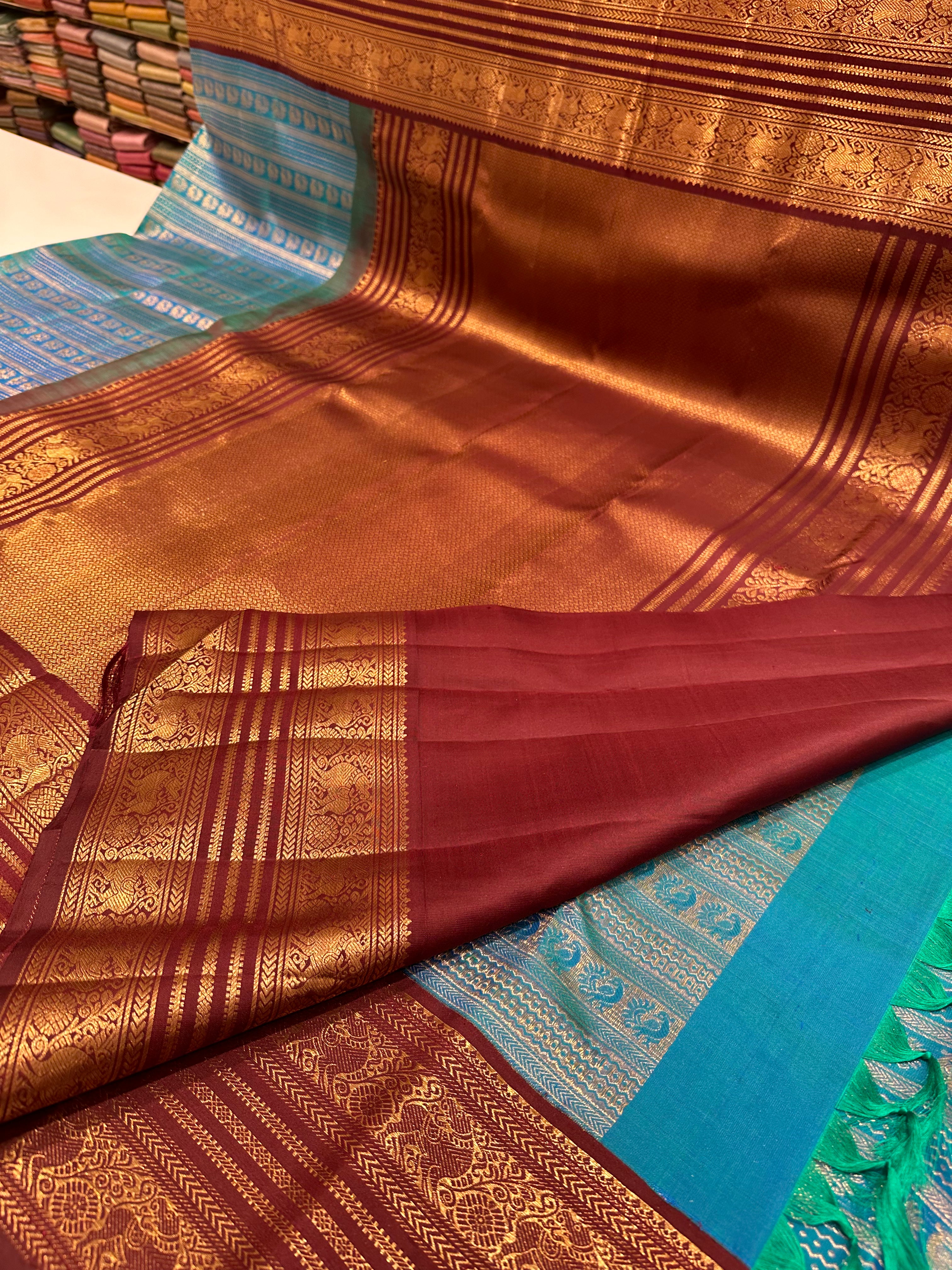 Blue & Brown Pure Kanjivaram Silk Saree with Heritage Zari Weave