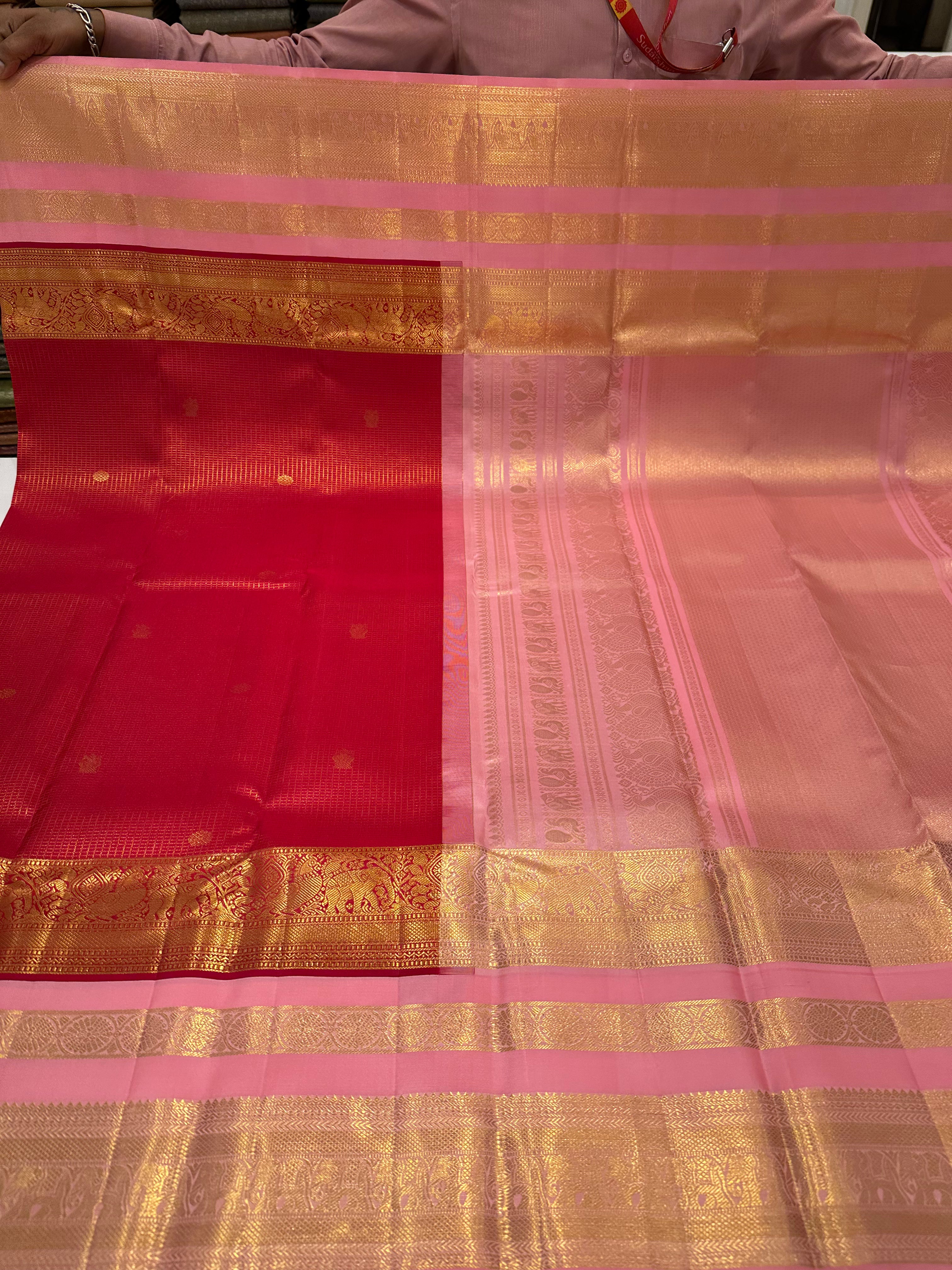 Grand Tradition Red & Pink Leela Verse Saree with Heritage Zari Border