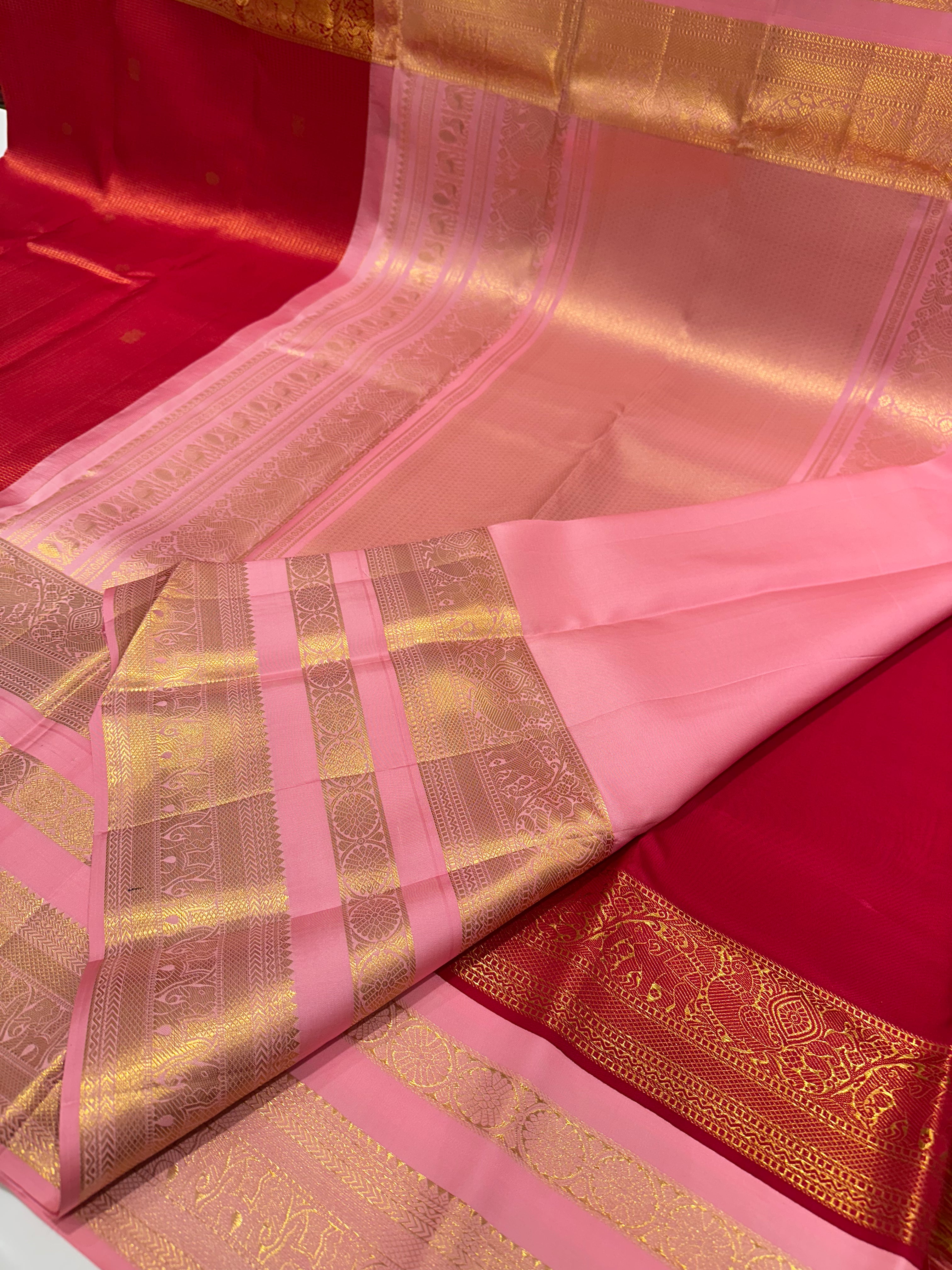 Grand Tradition Red & Pink  Leela Verse Saree with Heritage Zari Border