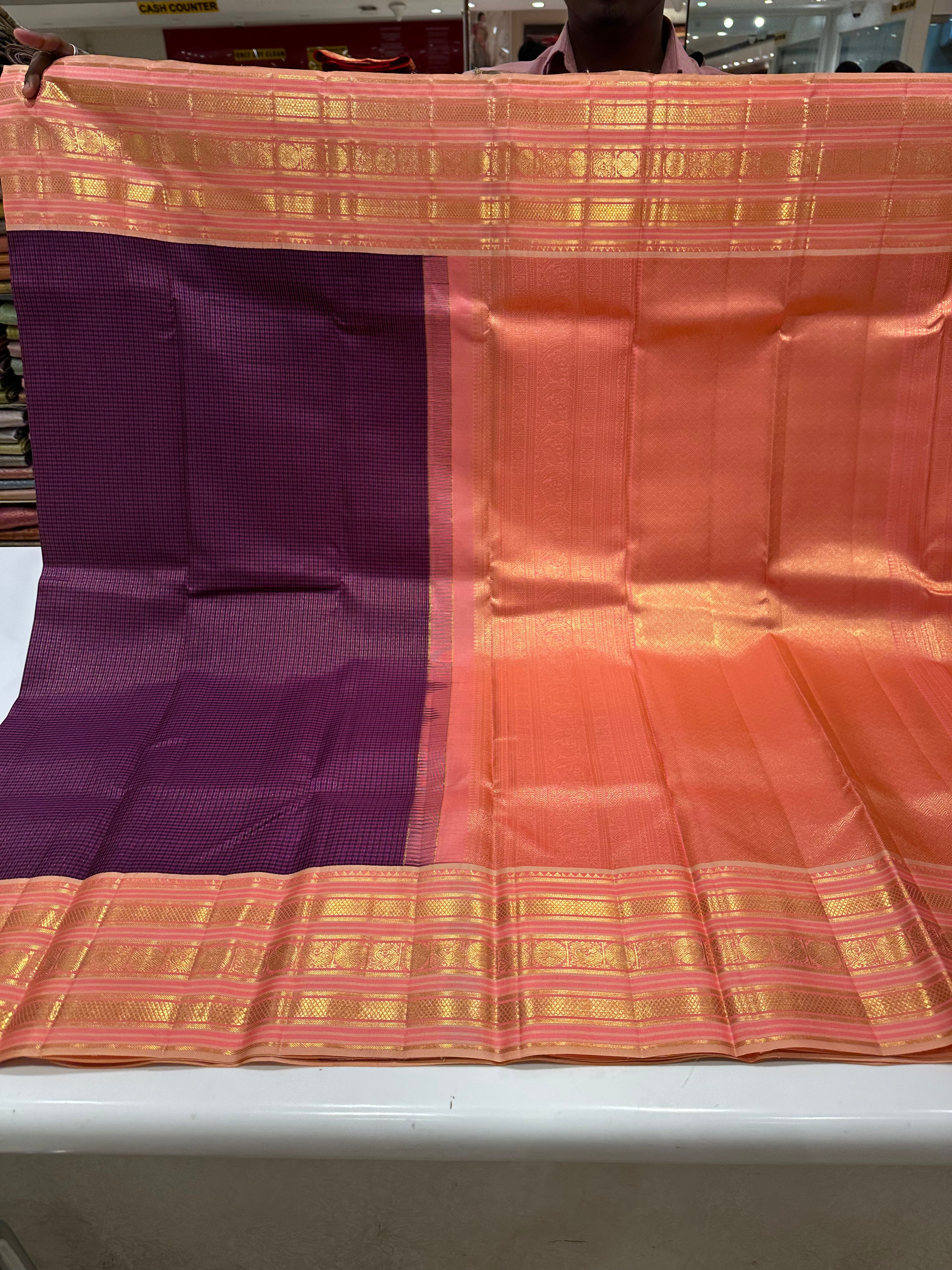 Rich Purple Pure Kanjivaram Silk Saree with  Pink Zari Border – Elegant Traditional Look