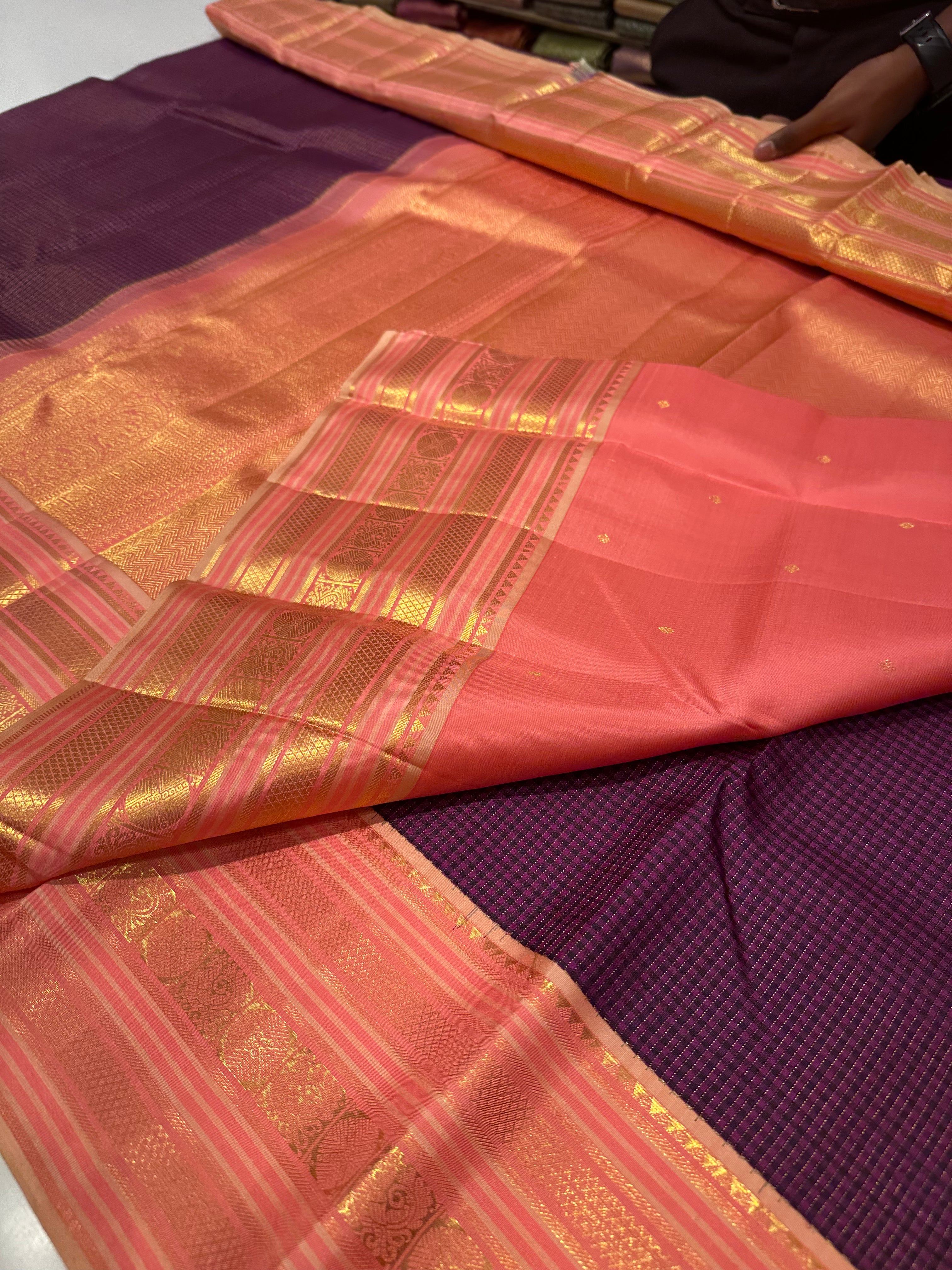 Rich Purple Pure Kanjivaram Silk Saree with  Pink Zari Border – Elegant Traditional Look