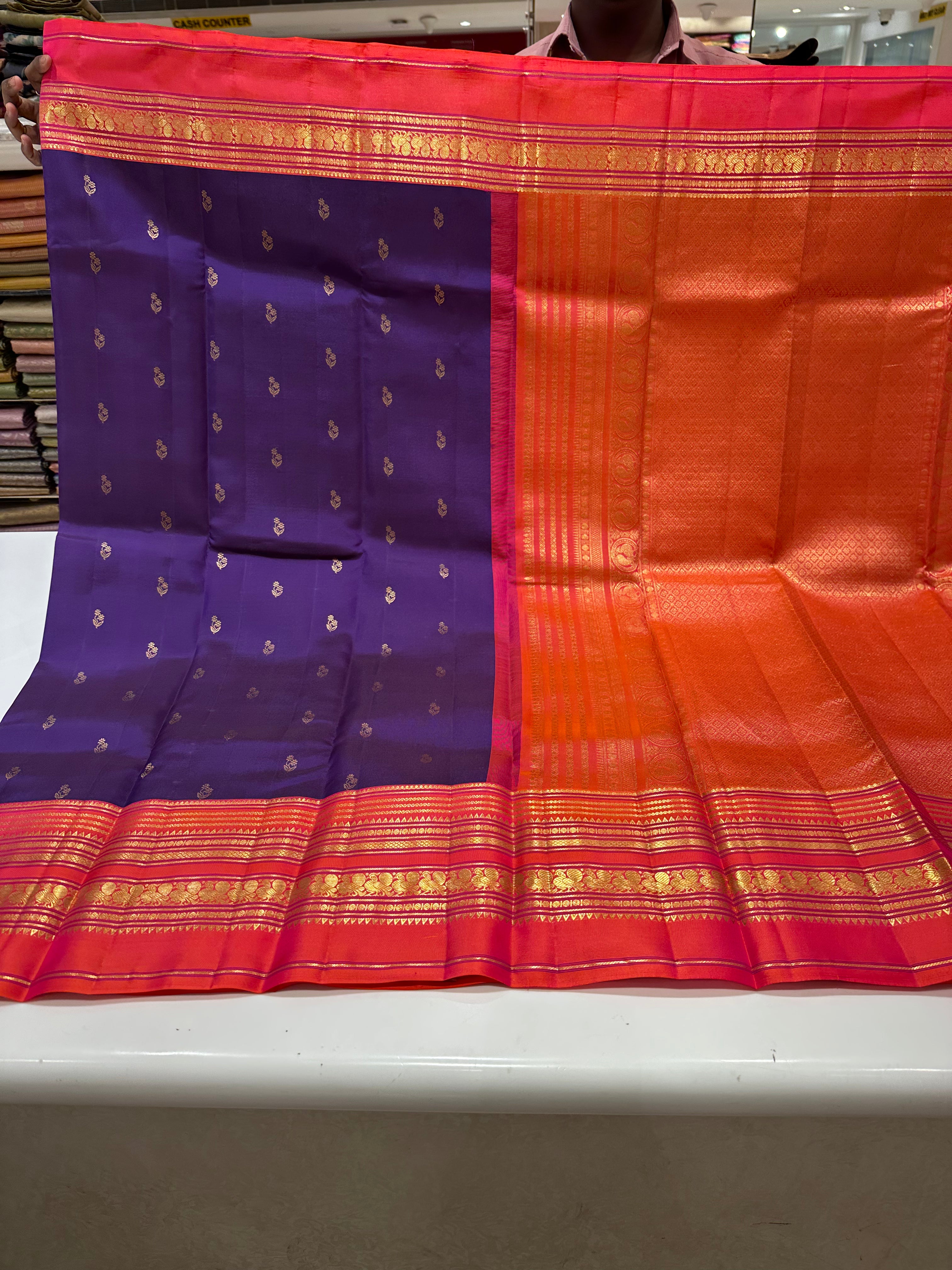Traditional Purple and Red Pure Kanjivaram Silk Saree with Gold Zari Border