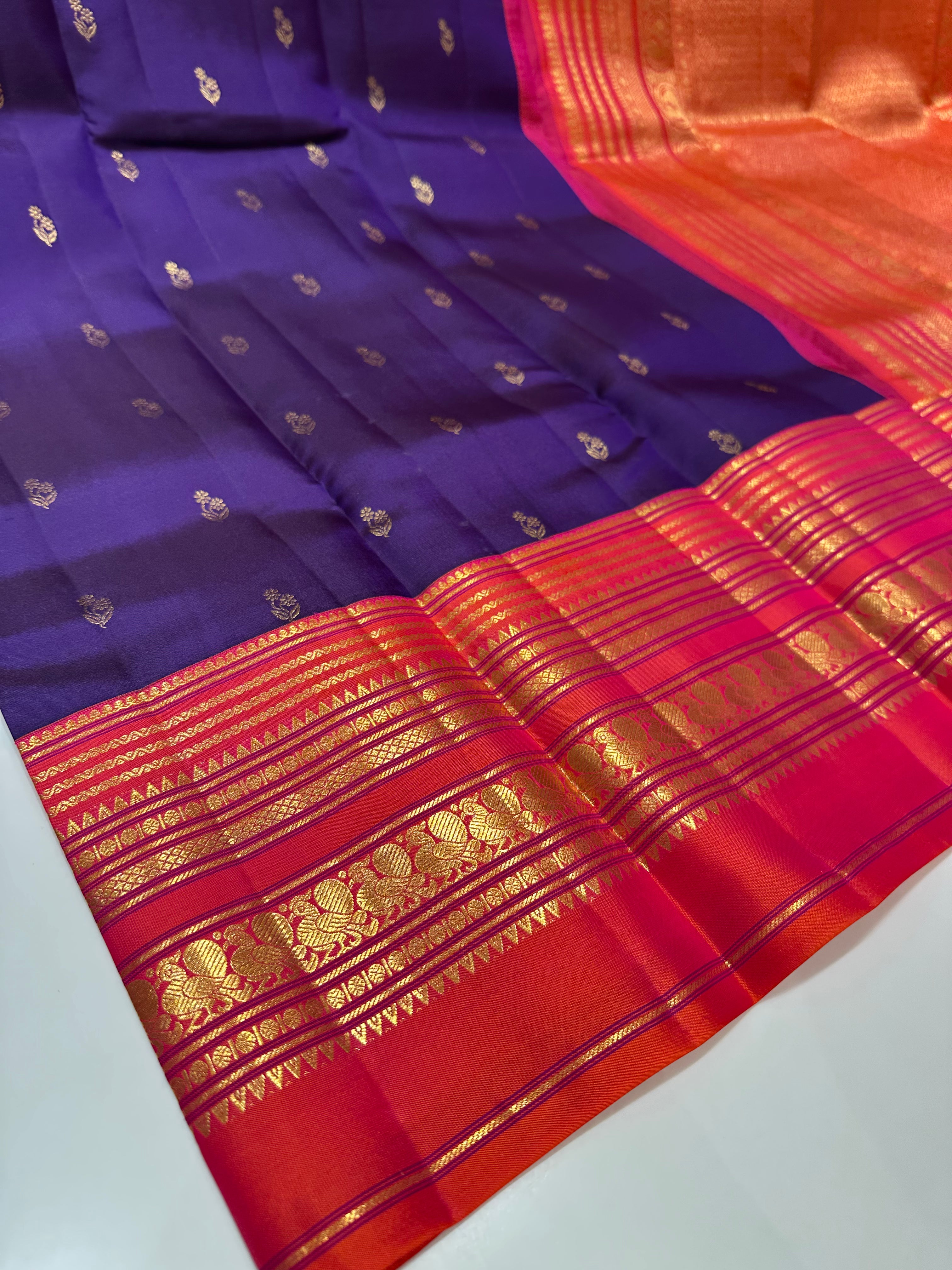 Traditional Purple and Red Pure Kanjivaram Silk Saree with Gold Zari Border