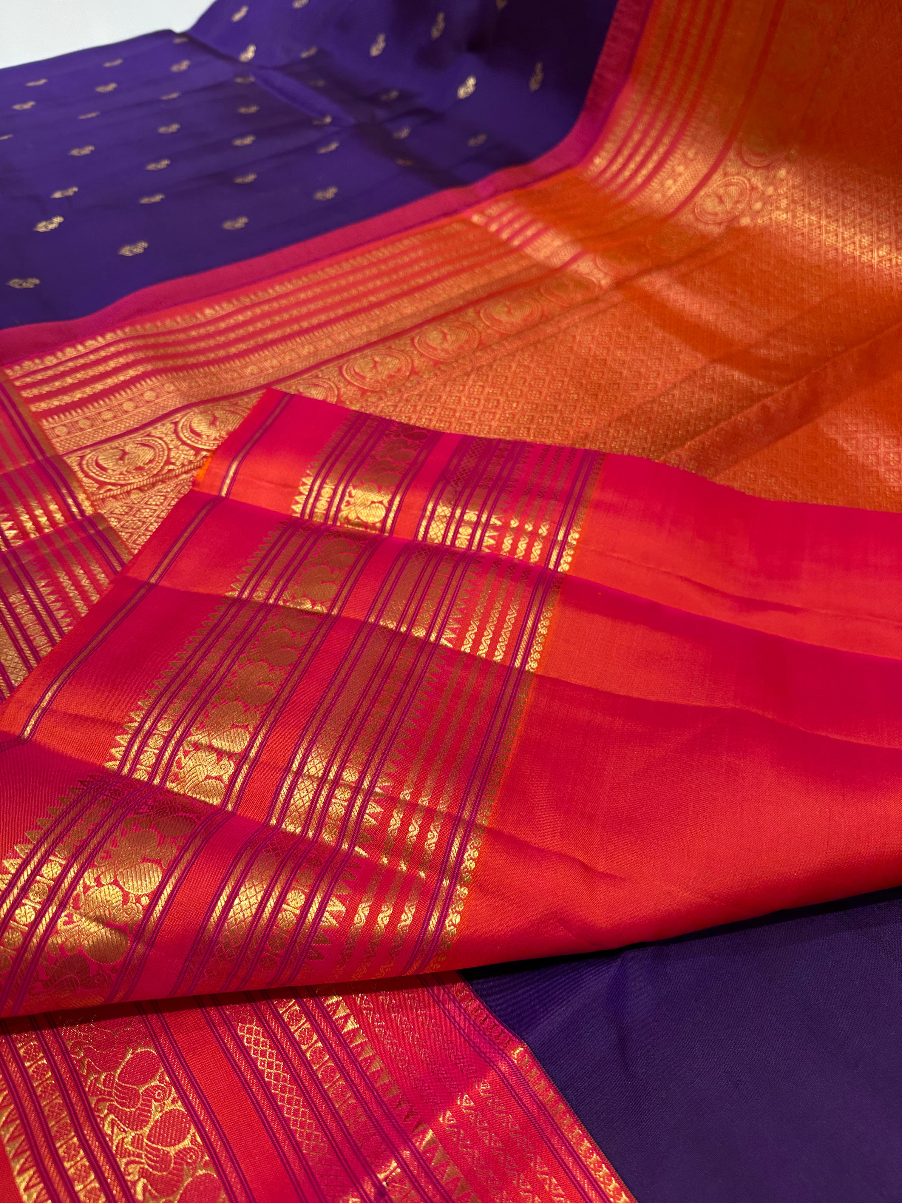 Traditional Purple and Red Pure Kanjivaram Silk Saree with Gold Zari Border
