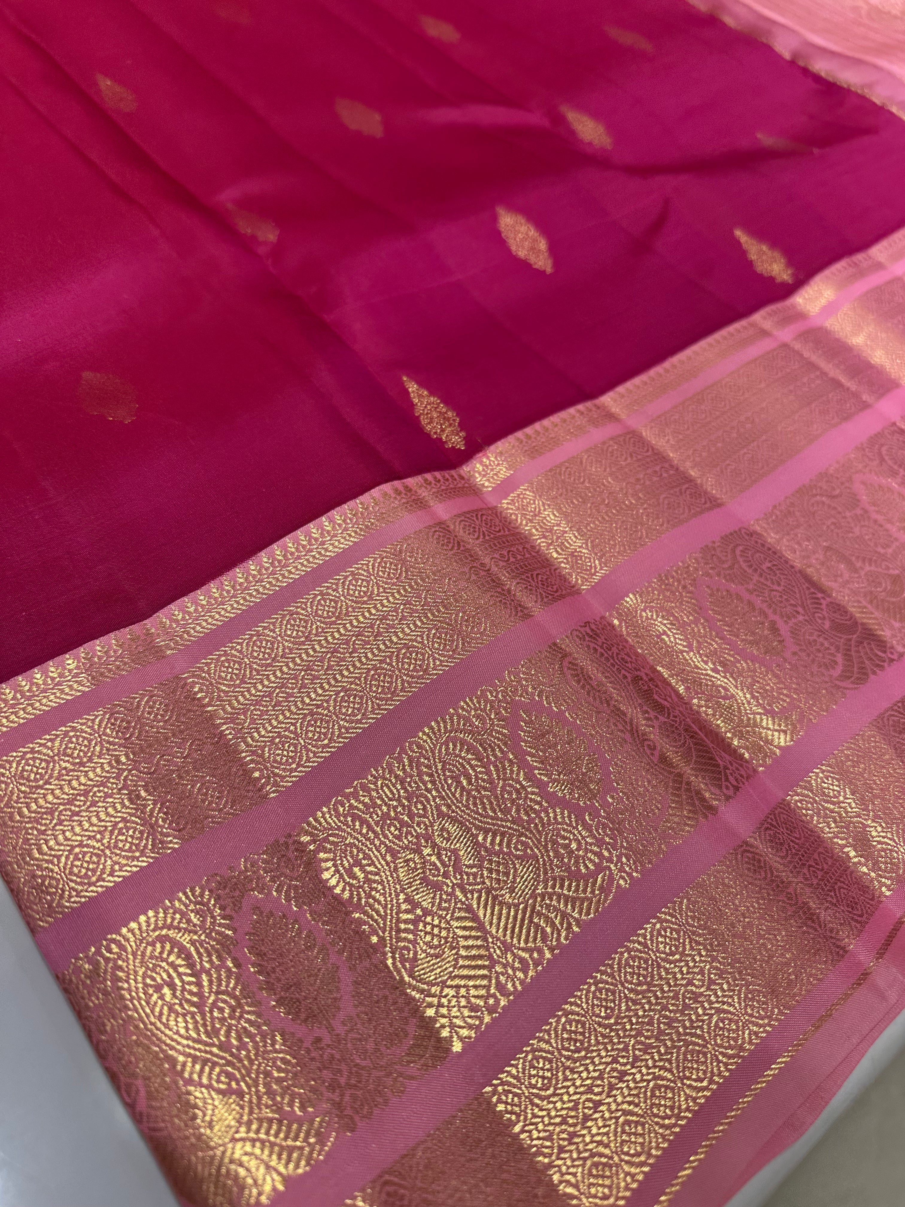 Soft Pink and Peach Kanchipuram  Saree with Gold Zari Buttas – Perfect Wedding Silk Saree