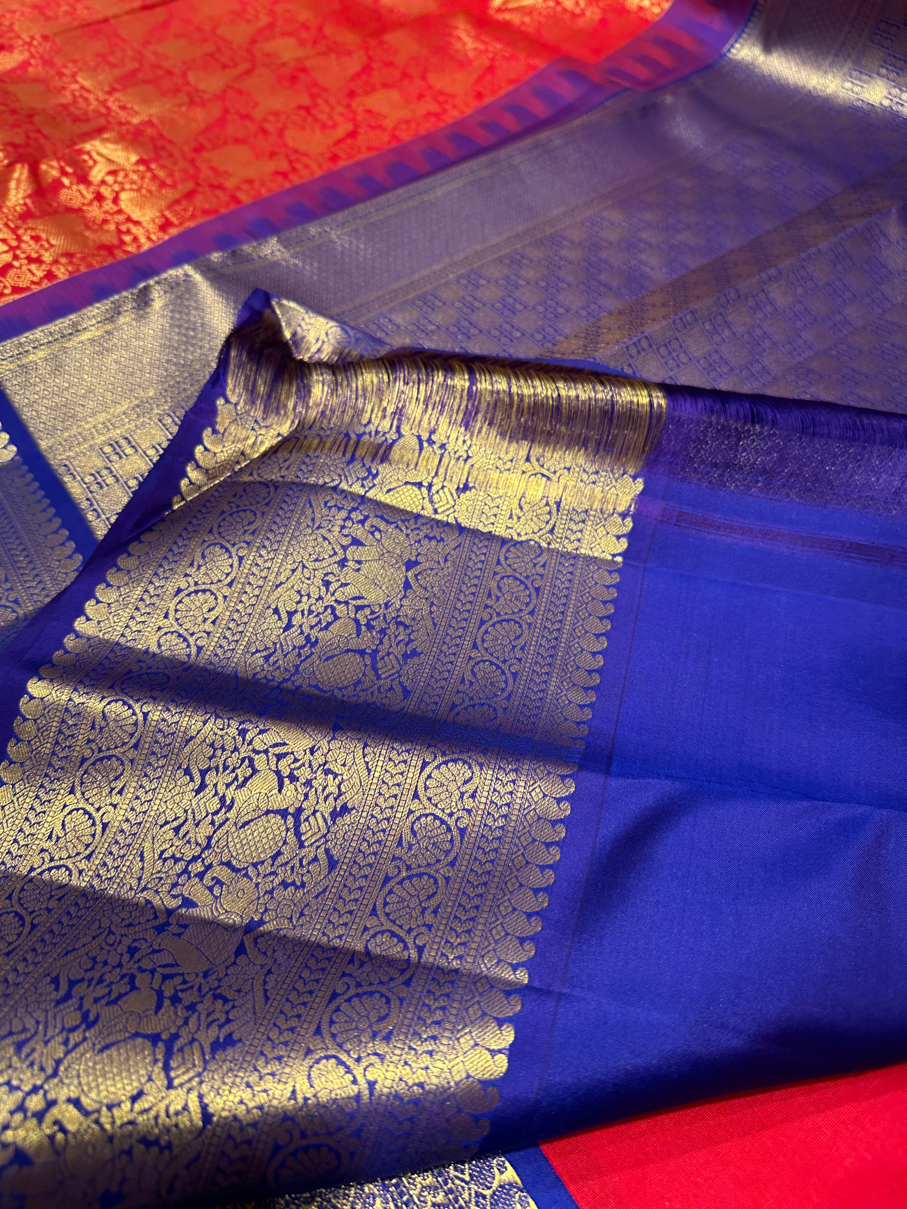 Red & Blue Pure Kanjivaram Silk Saree with Intricate Gold Zari Buttas – Festive & Bridal Wear