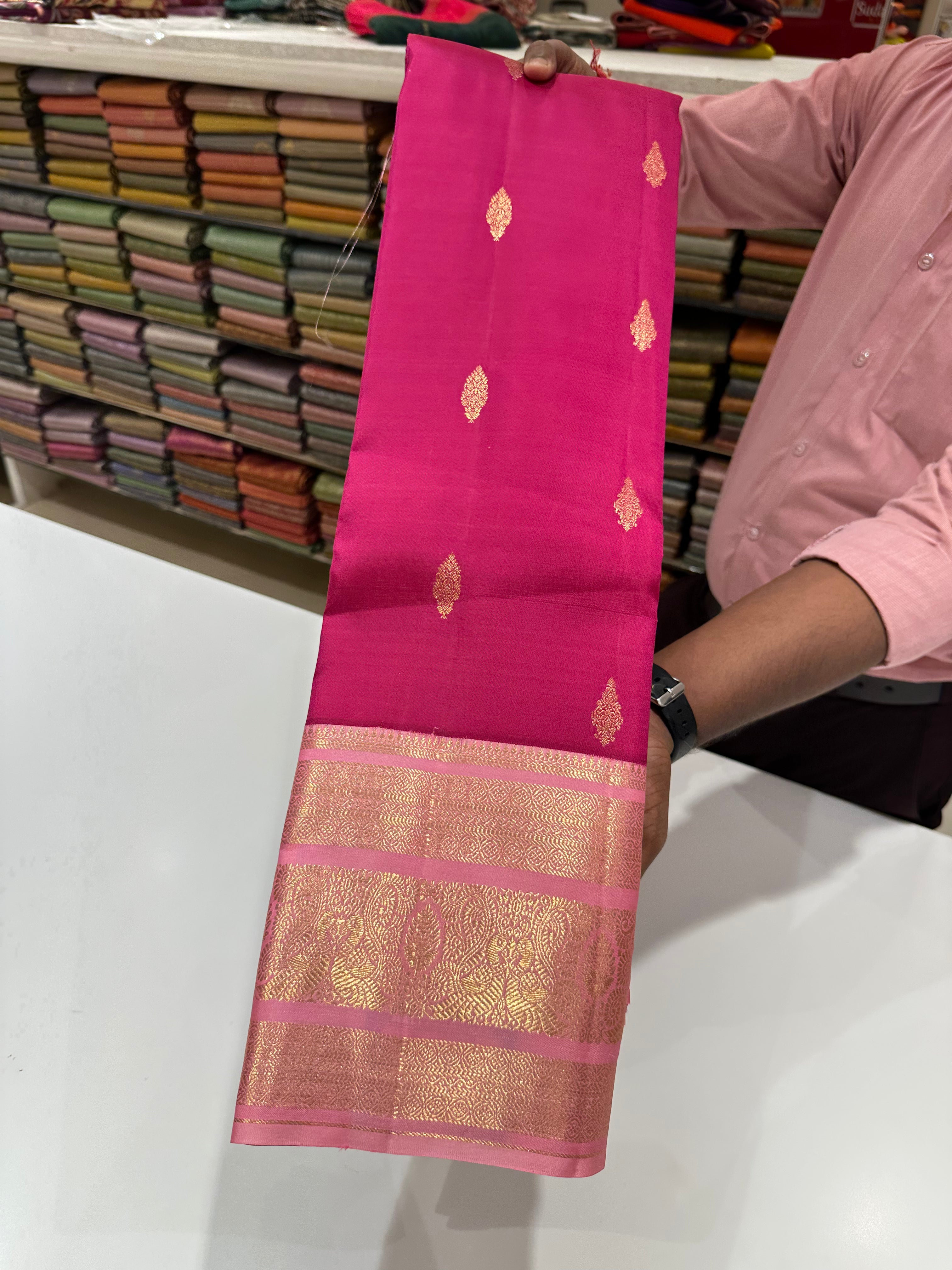 Soft Pink and Peach Kanchipuram  Saree with Gold Zari Buttas – Perfect Wedding Silk Saree