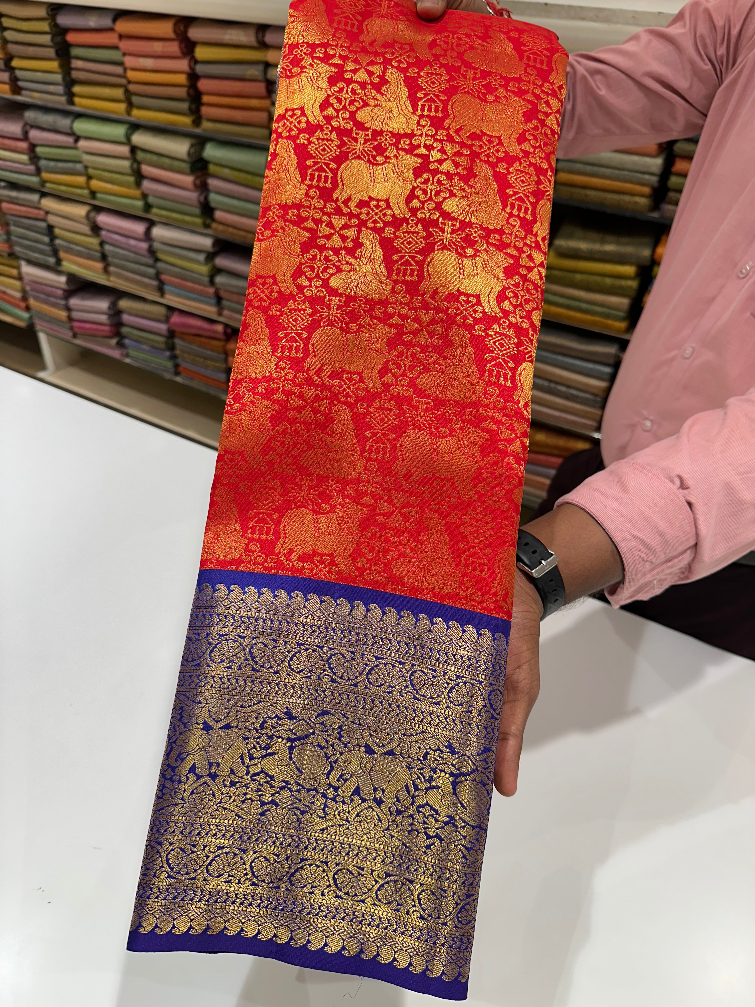 Red & Blue Pure Kanchipuram Silk Saree with Intricate Gold Zari Buttas – Festive & Bridal Wear