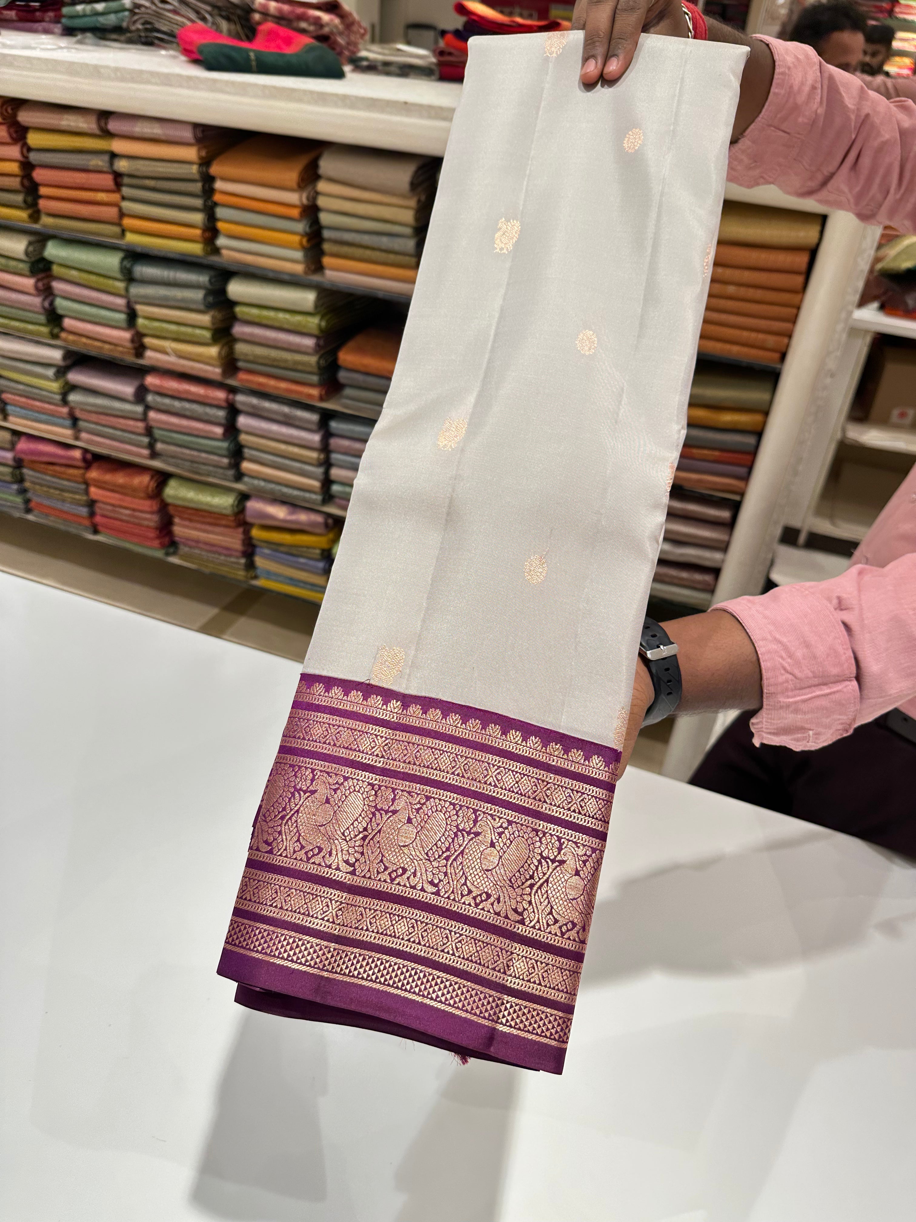 Elegant Grey and Purple Kanjivaram Silk Saree with Gold Zari Buttas – Wedding & Festive Collection