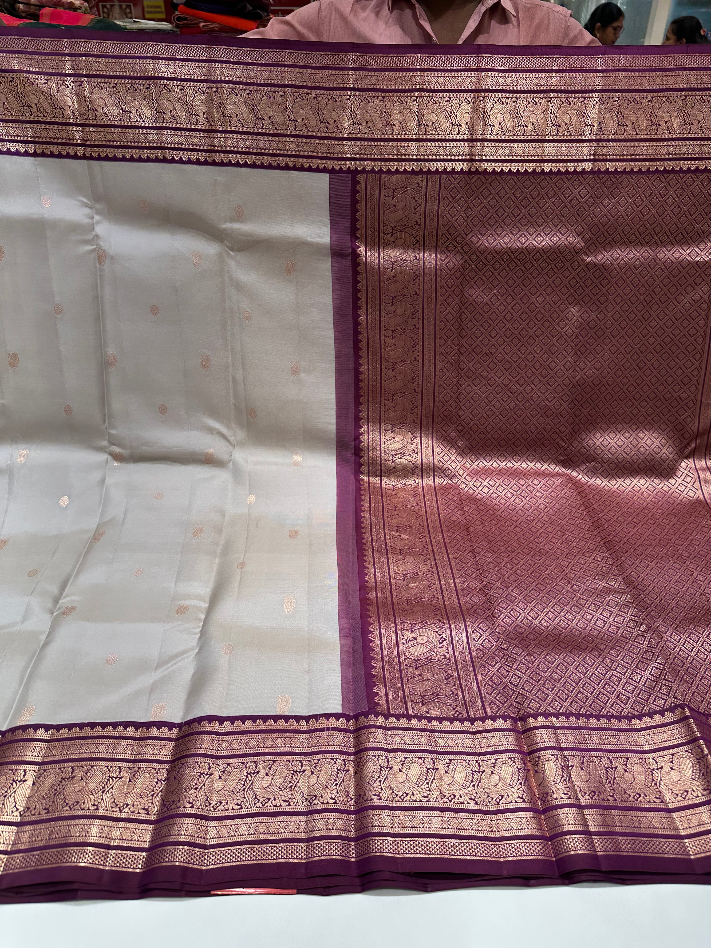 Elegant Grey and Purple Kanjivaram Silk Saree with Gold Zari Buttas – Wedding & Festive Collection