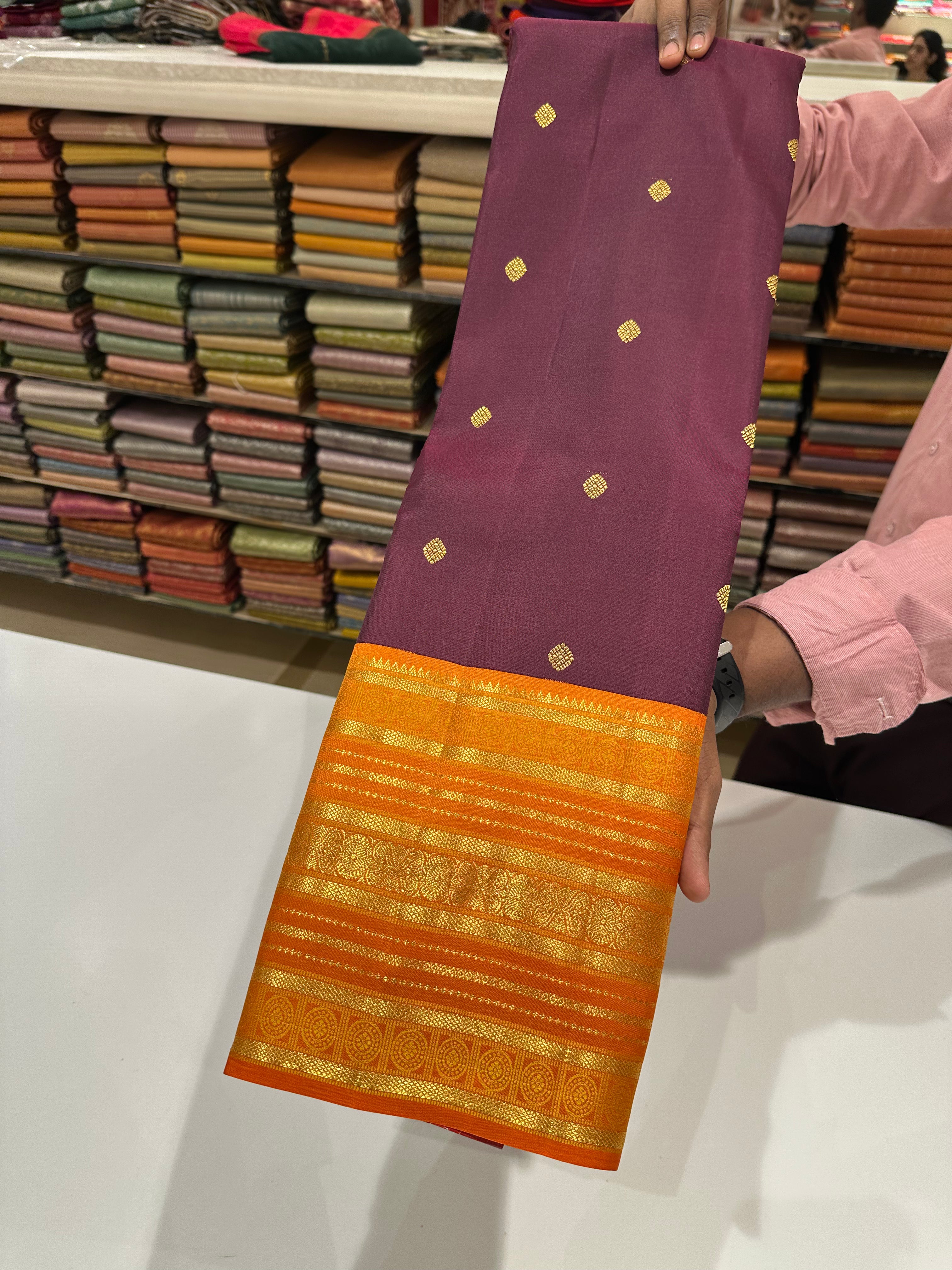 Brown and Orange Kanchipuram Silk Saree with Gold Zari Buttas – Wedding & Festive